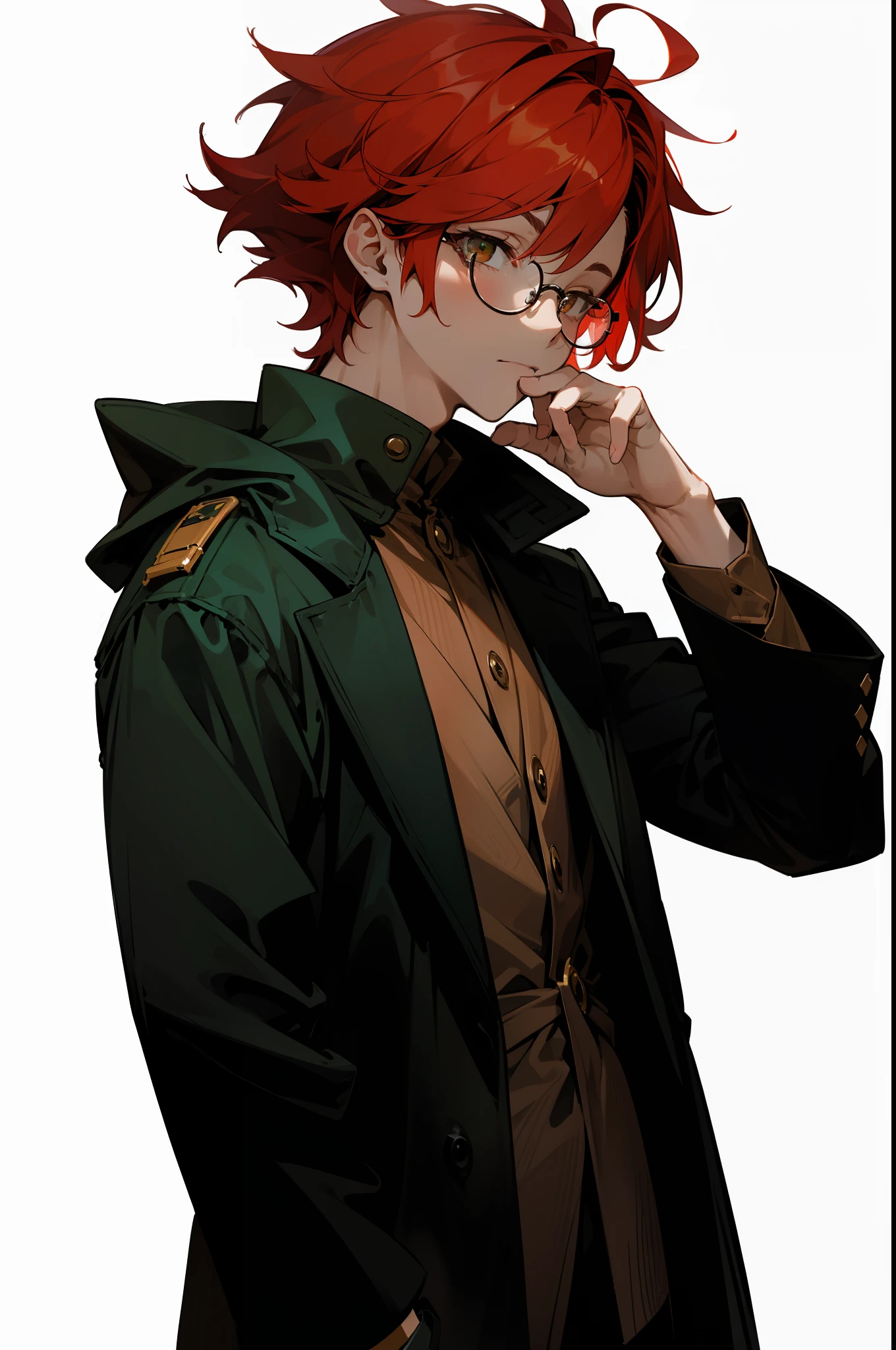 (masterpiece, best quality), Anime boy, young man, solo, 1 boy solo, red hair, messy red hair, messy short red hair, pale skin, dark under eyes, dark eyebags, tired, modern clothes, detailed, glasses, black glasses, dark green eyes, relaxing, simple background, no particle effects, long coat, facing front, facing camera, facing the camera, front view, portrait