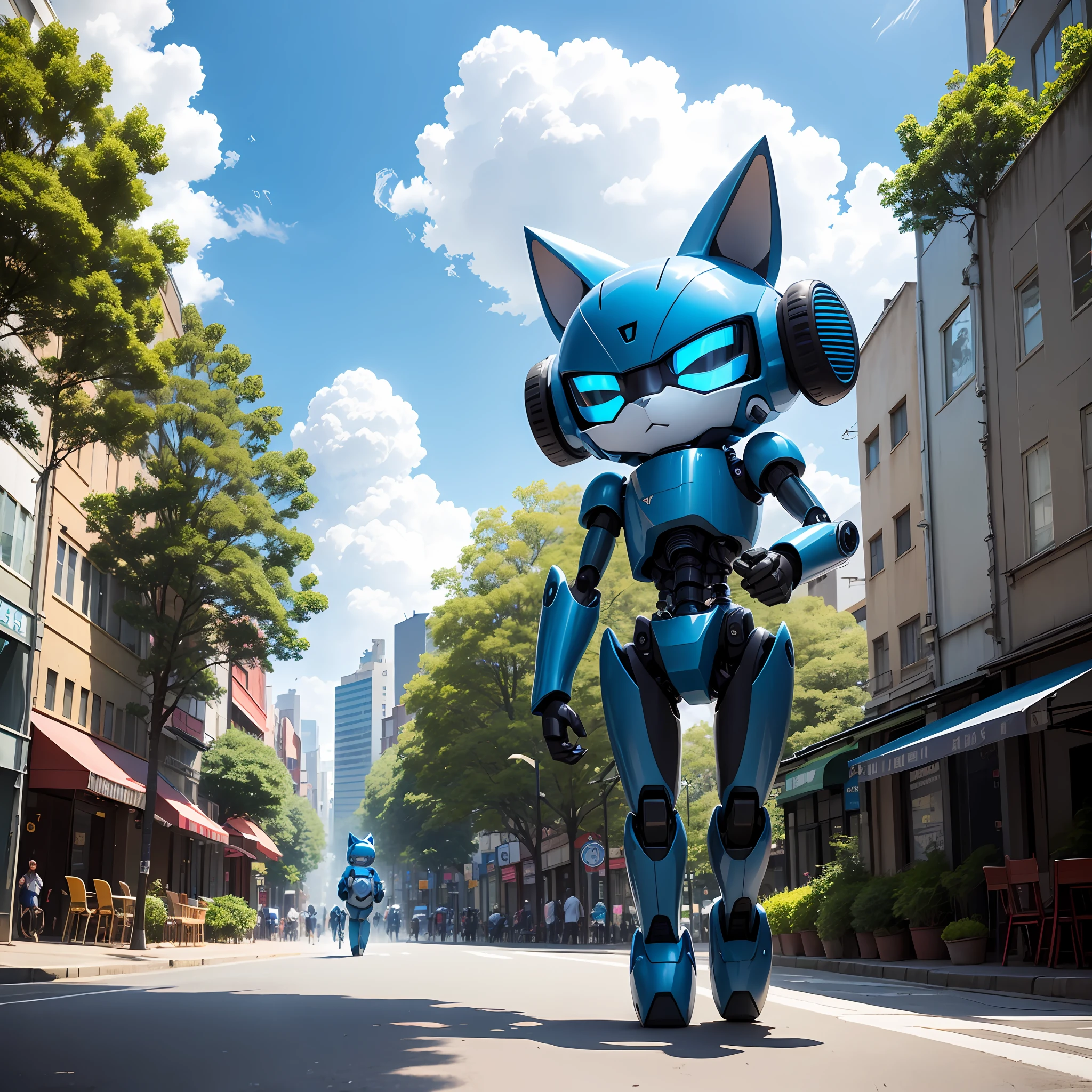 Blue cat-type robot"dorama"Stroll through the city streets on a sunny afternoon,Green trees and blue sky and white clouds in the background。 --auto