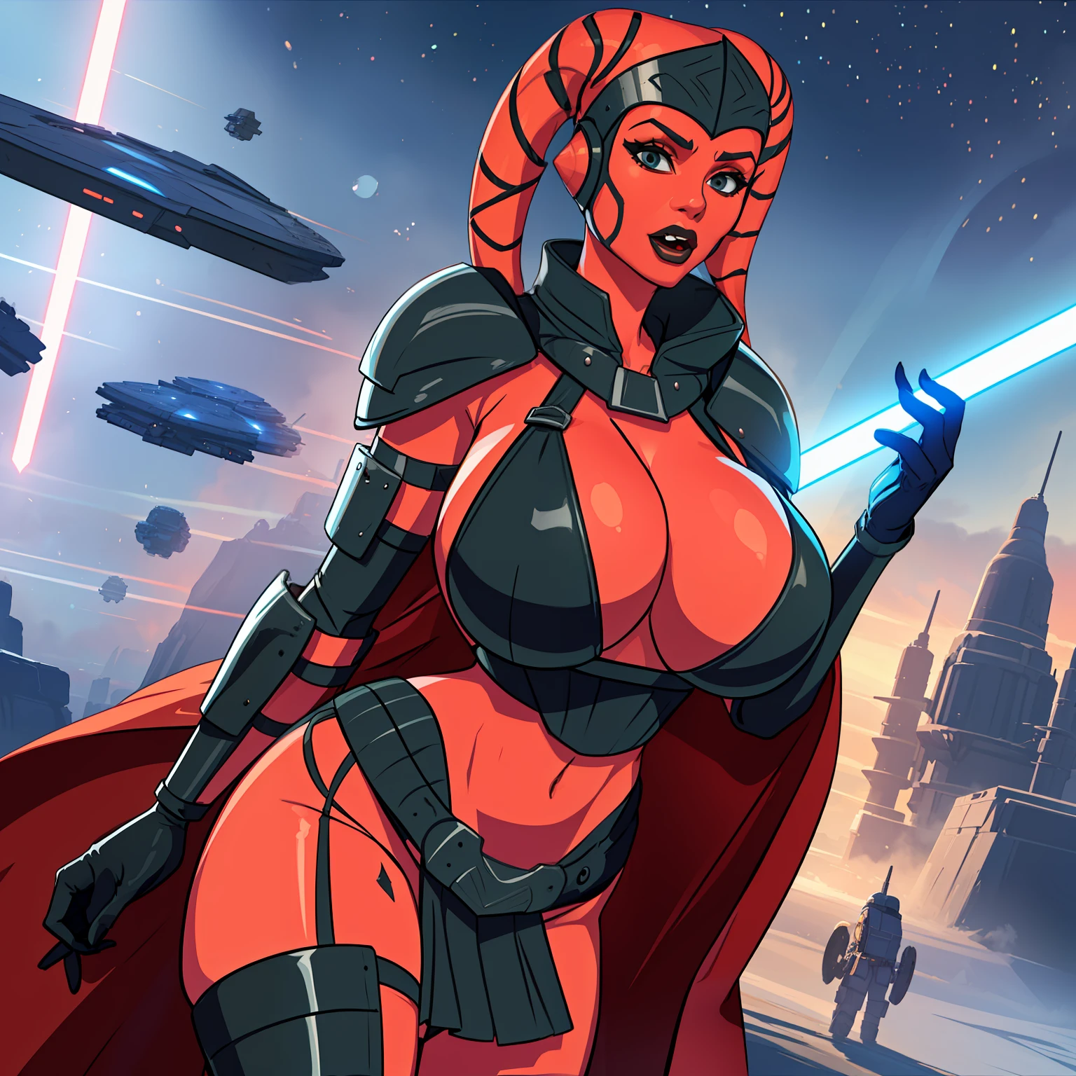 armor, busty, athletic, gigantic boobs, ((red skin), twi'lek), dual red lightsabers, evil space knight, space ninja, (wearing black robes, black stealth armor, breastplate, tunic, tabard, cowl, cloak, body glove, straps, buckles, skirts, long sleeves, fantasy, ((armor))), ((busty), slender body, thin, slim sexy body, slim waist, long legs, toned legs, (((top heavy, gigantic breasts)))), Imperial starship, Star Wars, action scene, fighting