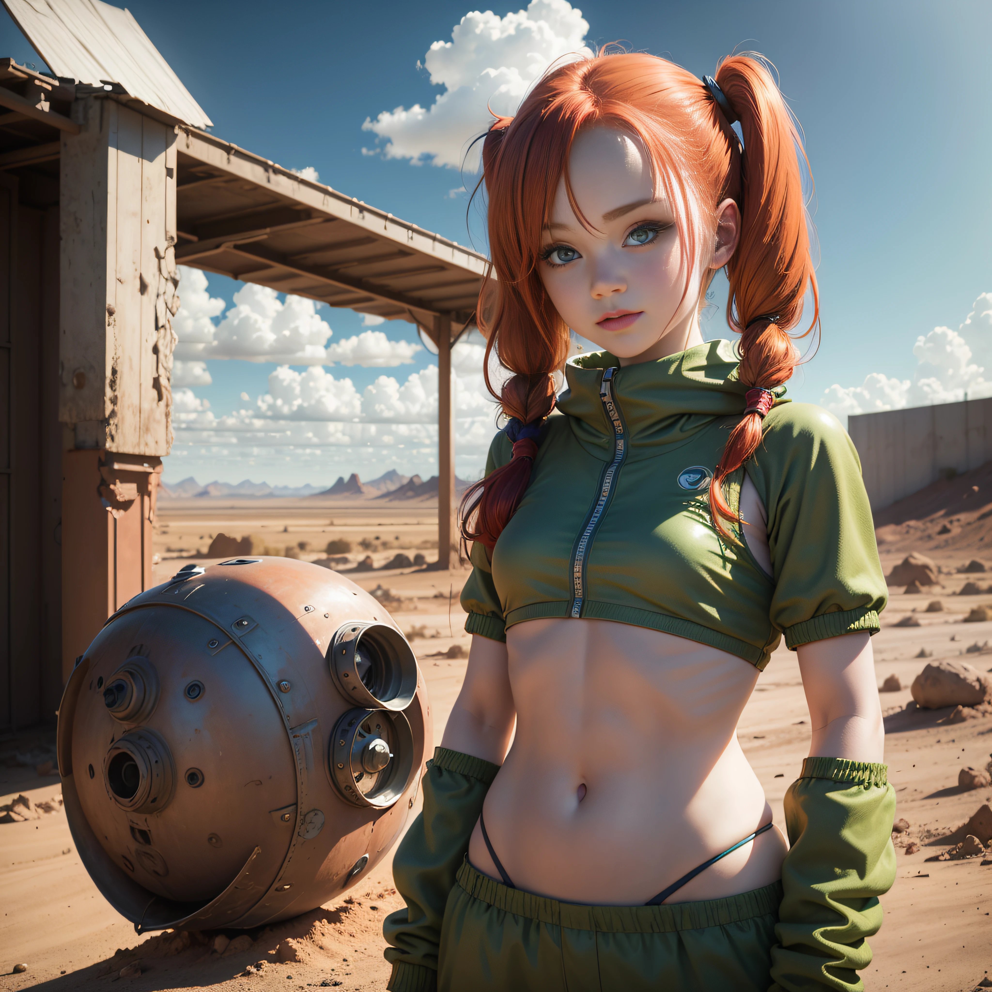 cute redhead woman in twin tails, multiple rainbow colored hair, sky-blue eyes, happy, Ukrainian, petite, pale skin, wearing a green metallic color bikini, post apocalyptic background, bleak barren desert, photo realistic woman. --auto