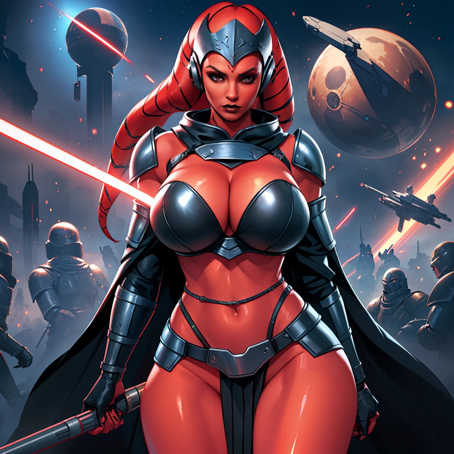 armor, busty, athletic, gigantic boobs, ((red skin), twi'lek), dual red lightsabers, evil space knight, space ninja, (wearing black robes, black stealth armor, breastplate, tunic, tabard, cowl, cloak, body glove, straps, buckles, skirts, long sleeves, fantasy, ((armor))), ((busty), slender body, thin, slim sexy body, slim waist, long legs, toned legs, (((top heavy, gigantic breasts)))), Imperial starship, Star Wars, action scene, fighting, battle scene, war, combat