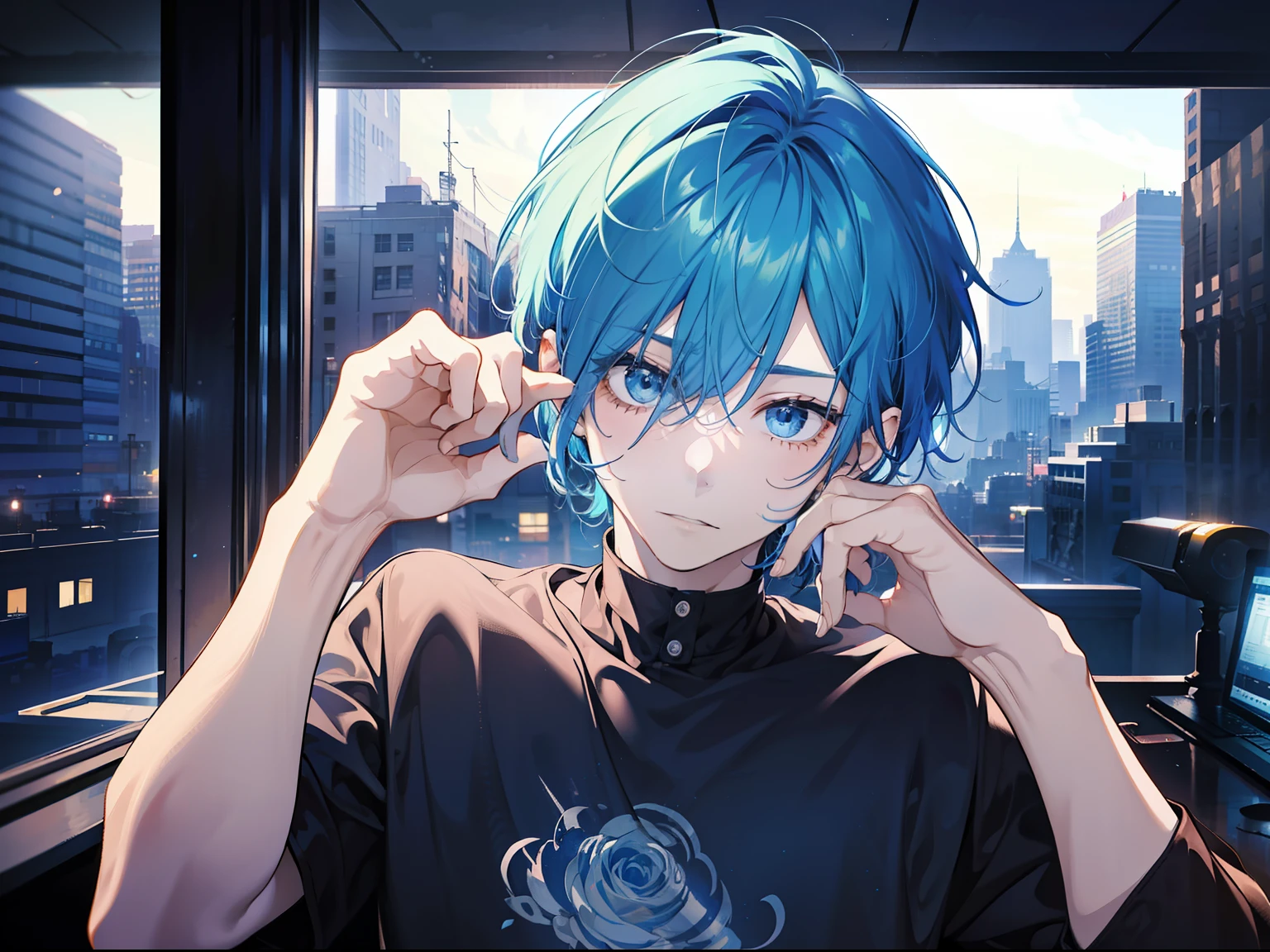 of a guy,blue hairs,short detailed hair,tee shirt,Handsome men,Cover your face with your hands,With one eye exposed