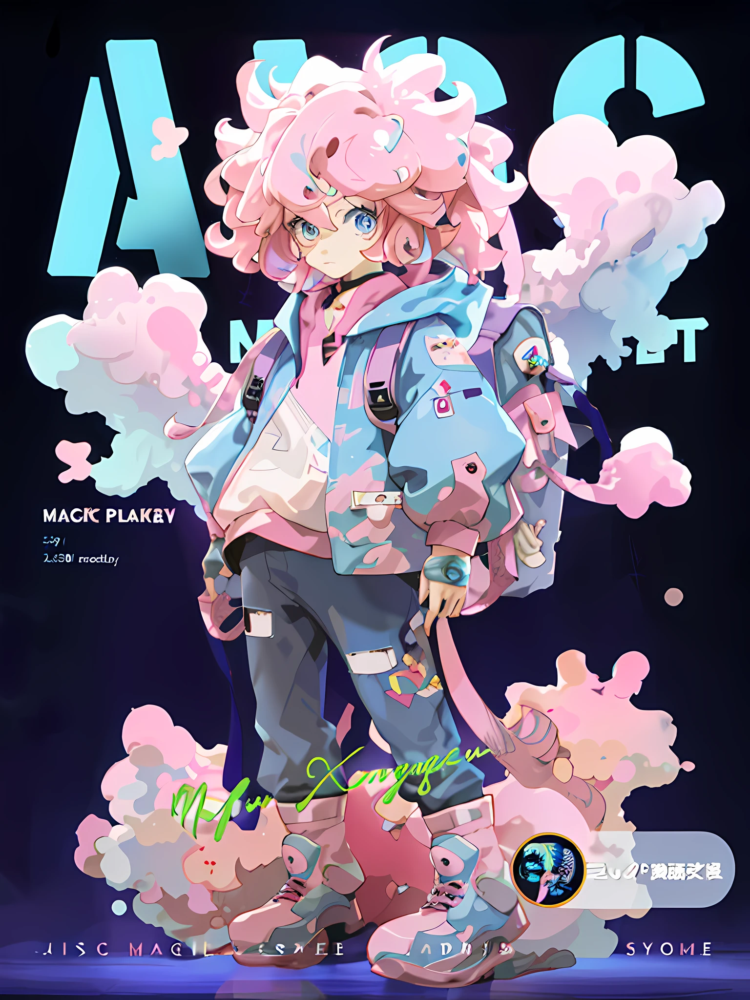 Close-up of a doll with pink hair and blue jacket, anime styled 3d, high quality character design, Stylized anime, 8K high quality detailed art, magicpunk, candypunk character design, anime vtuber full body model, Cute detailed digital art, High Quality Anime Art Style, Anime Stylization, Anime figure, anime moe art style