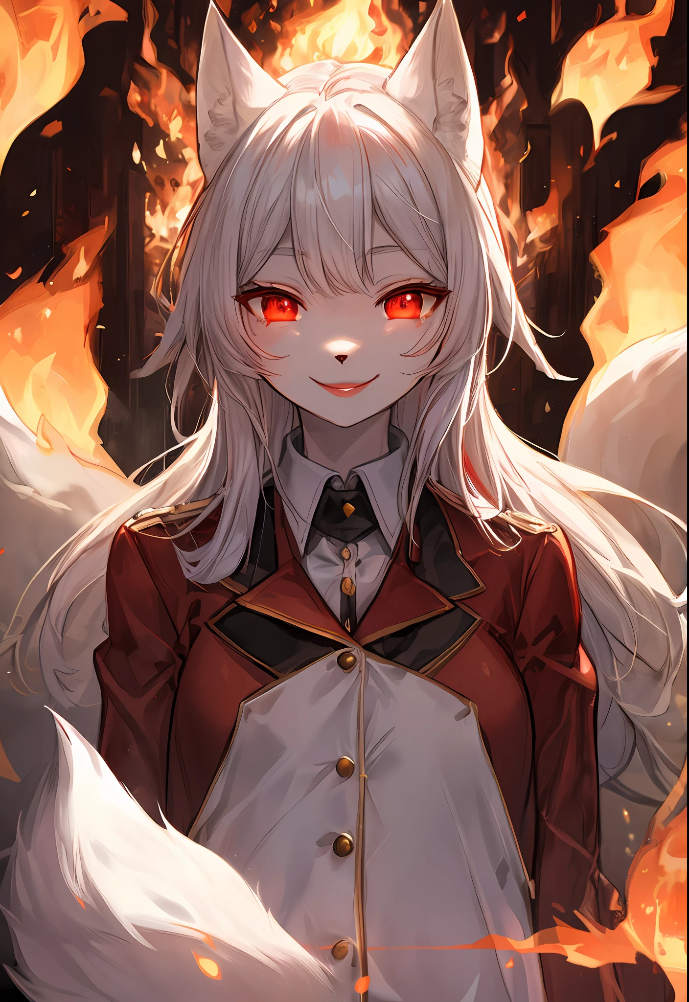 1人、(White student uniform in blazer)、(glowing red fur coat)、a furry、(((White Fox Girl)))、Glowing red eyes、pink lipsticks、a smile、((((Burning flame))))、run、V-shaped face woman、eyes forcus、Professional Writing、Image from the shoulder up