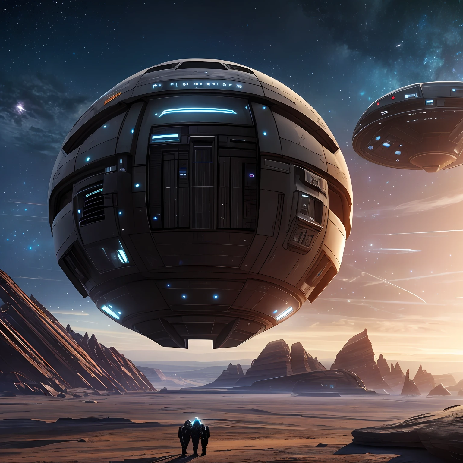 spaceship prometheus from the movie 'prometheus' in low orbit around an alien planet and background is a starry black night, photorealistic, 8k resolution --auto
