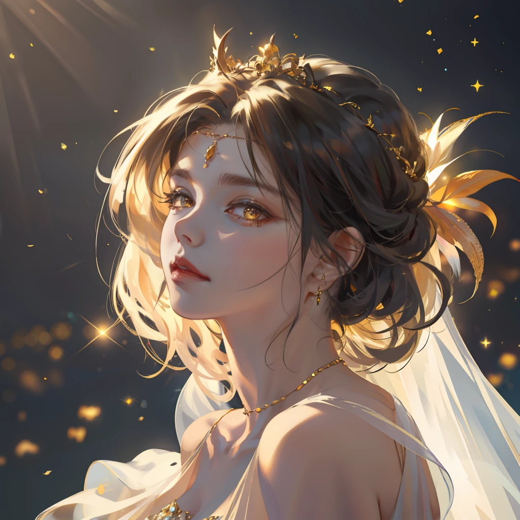 tmasterpiece,best qualtiy,Beauty portrait,Intricate dresses,grieves,Golden eyes,photorealisti,tmasterpiece,Silk dress,ventania,fanciful,From artstation,Glitter jewelry,glarelight,Irridescent color,globalillumination,Real hair movement,realistic raytraicing,realistic shaded,side looking,((ssee-through))、softlighting、Dreamlight、perfect eyes、Background 4K、𝓡𝓸𝓶𝓪𝓷𝓽𝓲𝓬、high detal、tiara crown、Gold and precious stones