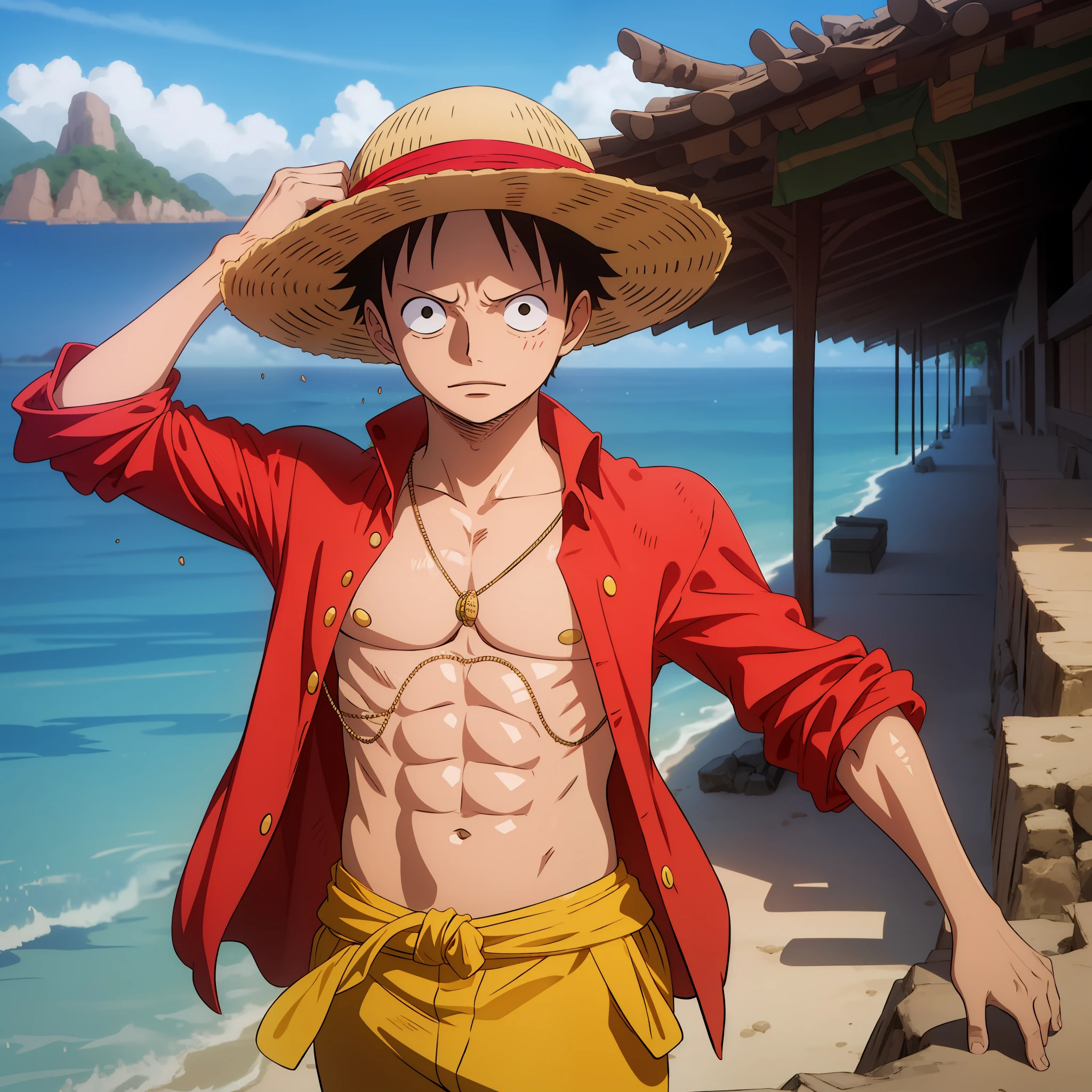 Luffy, straw hat, fita vermelha no chapeu, eroupa toda branca, roupa marinheiro, fundo do Rio de Janeiro, dinamica