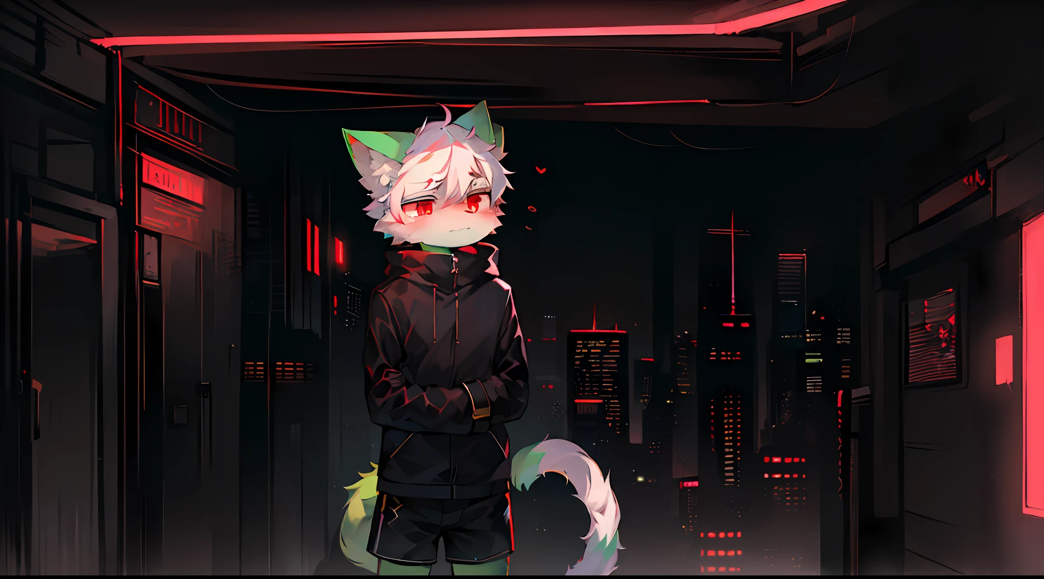 masterpiece, highres, 8k, detailed background, high quality, ((solo cute catboy,green body,green fur,white hair,red eyes,cat tail, fluffy, detailed fur,detailed eyes)),male,black coat,black shorts,depressed face,blushed face, light in the eyes,cyberpunk background