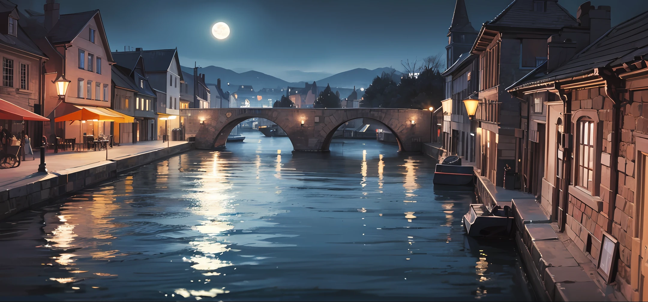 Medieval village, river, full moon, fine details, high resolution, incredible, beautiful, gorgeous, dramatic lighting, rule of thirds, perfect composition, trending on ArtStation, low angle --auto --s2