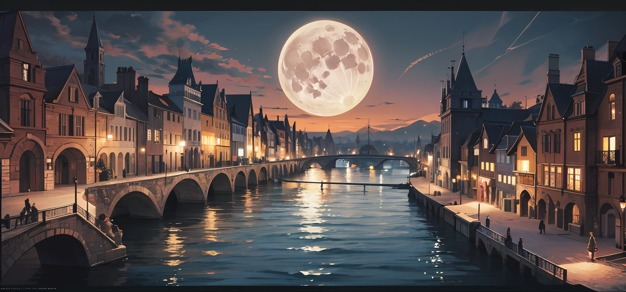 Medieval village, river, full moon, fine details, high resolution, incredible, beautiful, gorgeous, dramatic lighting, rule of thirds, perfect composition, trending on ArtStation, low angle --auto --s2