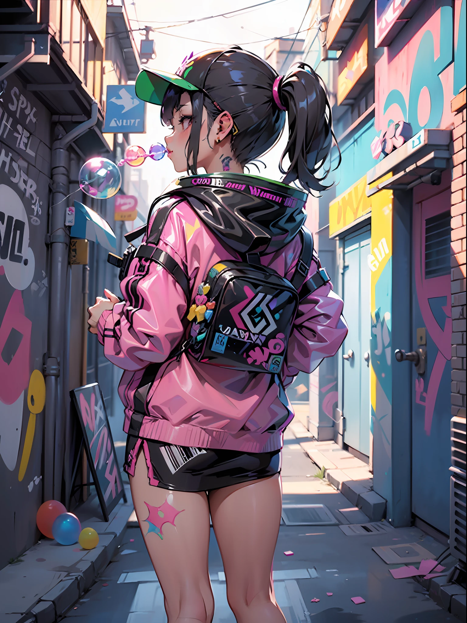 Back alley, graffiti artist spray painting wall, paint splatters, a girl, blowing bubble gum, street graffiti, high detail, 4K,masterpiece