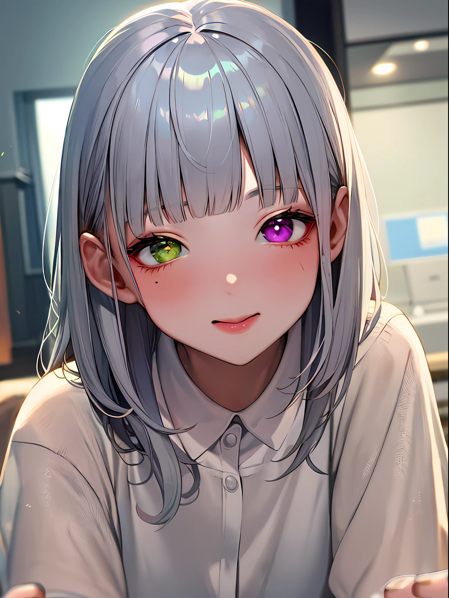Photorealsitic, hight resolution, 1 rapariga, Korea person, Heterochromia eyes, small moles under eyes,1girl in,Solo,Cross-eyed、Drunken eyes、ahegao silly / Sexual ecstasy)、女の子1人、White shirt、a matural female、Blunt bangs、realisticlying、top-quality、adopt、A detailed face、s Office、diffuse sunlight、depth of fields、Bokeh