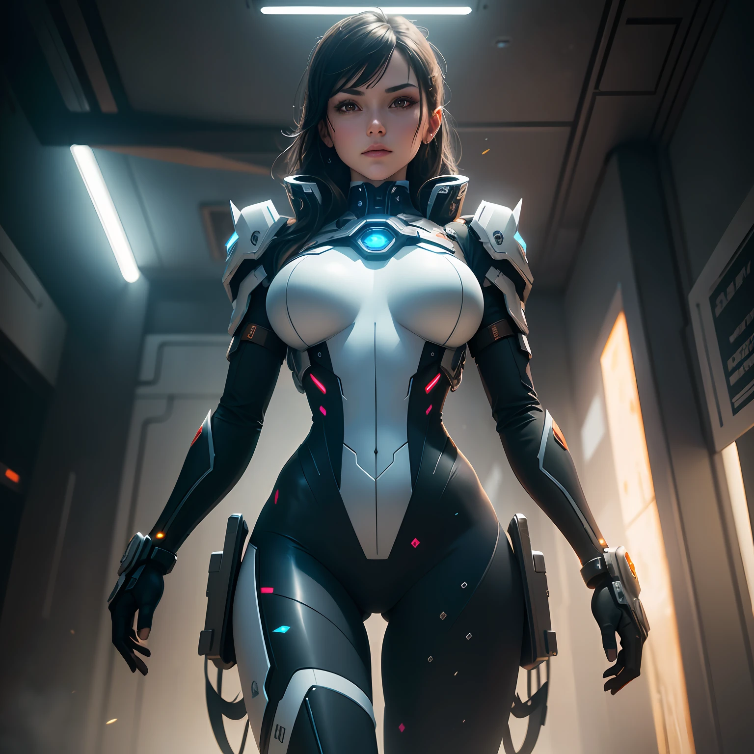 best qualtiy,tmasterpiece,detail depiction:1.9,3D,A beautiful cyberpunk female image,High-density imagery,HighDynamicRange,Ray traching,NVIDIA RTX,Hyper-Resolution,Unreal 5,Subsurface scattering、PBR Texture、post-proces、Anisotropy Filtering、depth of fields、maximum definition and sharpness、Many-Layer Textures、Albedo e mapas Speculares、Surface coloring、Accurate simulation of light-material interactions、perfectly proportions、tightsuit、Perfect dissection、rendering by octane、Two-colored light、largeaperture、Low ISO、White balance、the rule of thirds、8K raw data、Realistic lighting,cold light,mechs,detail-rich,Bottom-up perspective,Depict the chest contour in detail,detail-rich