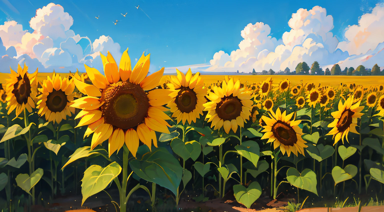 A golden wheat field,The orange straw sways gently with the breeze,Bees are busy collecting honey among the flowers,From the fields came the sound of chirping and cicadas,Sunlight pours through the gaps in the clouds,Blooming sunflowers shine brightly,The blue sky and white clouds are so fresh and pleasant,All the beauty put together,The result is a heart-warming idyllic painting