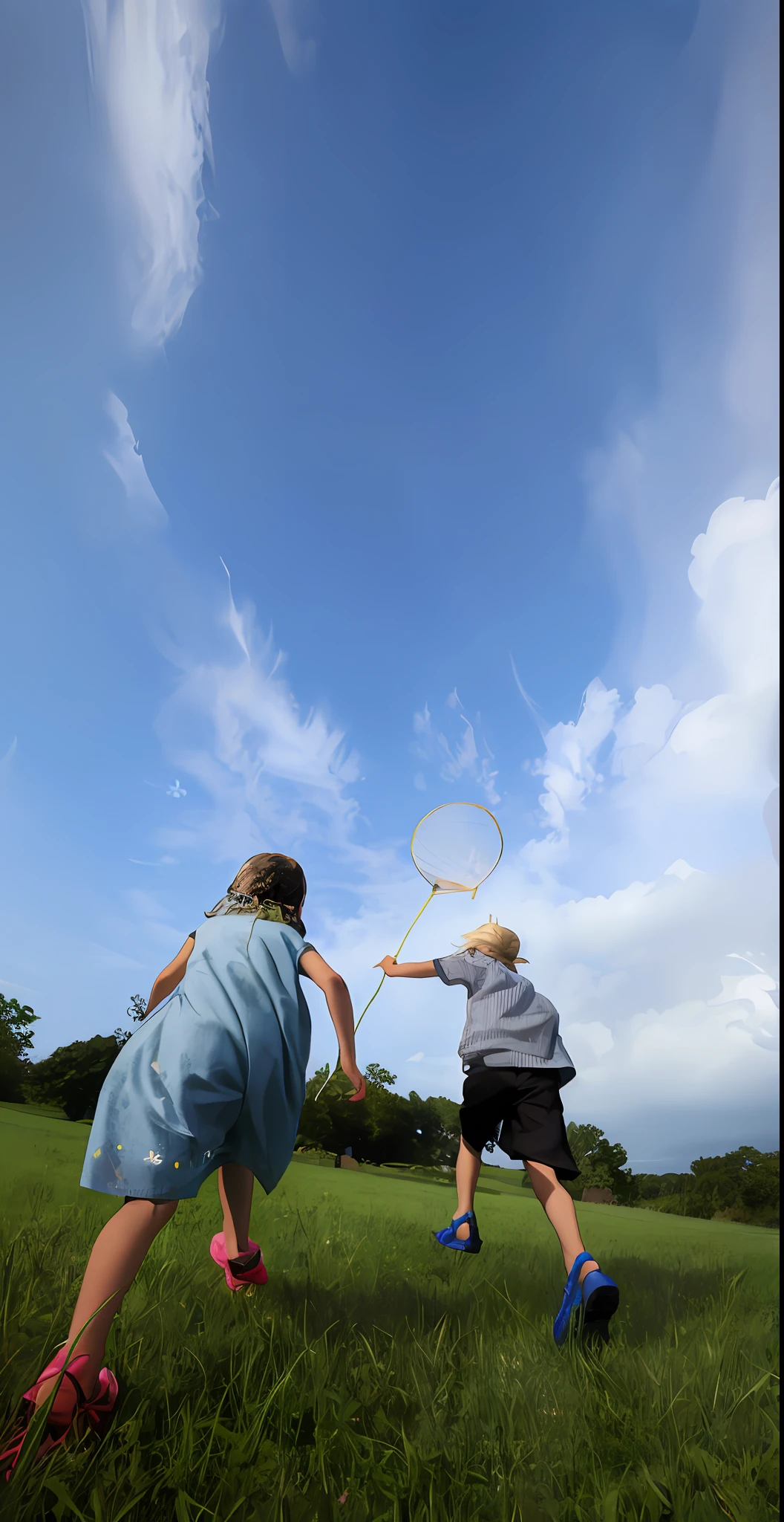 Two children playing with butterfly nets on the grass, Summer sky, Beginner, On a sunny day, beautiful fine sky, Kids playing, award-winning shot, award - winning shot, sky!!!, flying shot, Playing, Children, summer day, author：by Hiroshi Honda, is playing happily, shot on nikon d 3 2 0 0, Best shot Low viewing angle、Look up to shoot、The child runs on the back