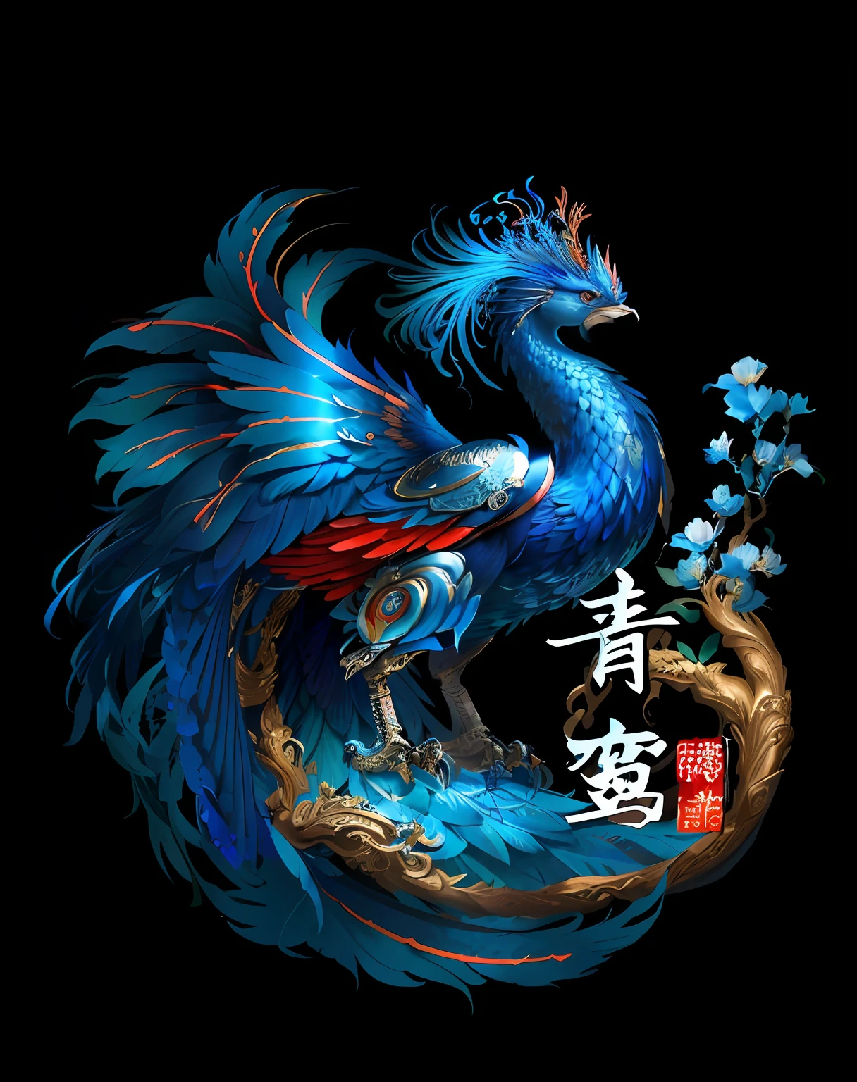 Close-up of a blue bird,Red tail and a flower, blue phoenix bird, phoenix dragon, Chinese fantasy, author:Tan Yang Kano, Blue dragon, cyan chinese dragon fantasy, shui mo hua,Metallic Author:Kan Lee, jellyfish phoenix dragon, Dragon peacock. Intricate, author:Juda, A beautiful artwork illustration