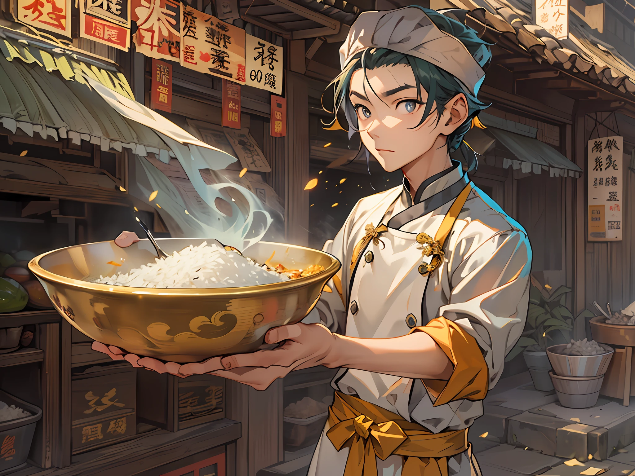 A Chinese man dressed as a chef holds a bowl of rice，A style with anime aesthetics，Gold and amber，streetview，Fairy tale academics，Luminous quality，Strong close-up，Meticulous，32k，best qualtiy，tmasterpiece，hyper-detailing，high detal