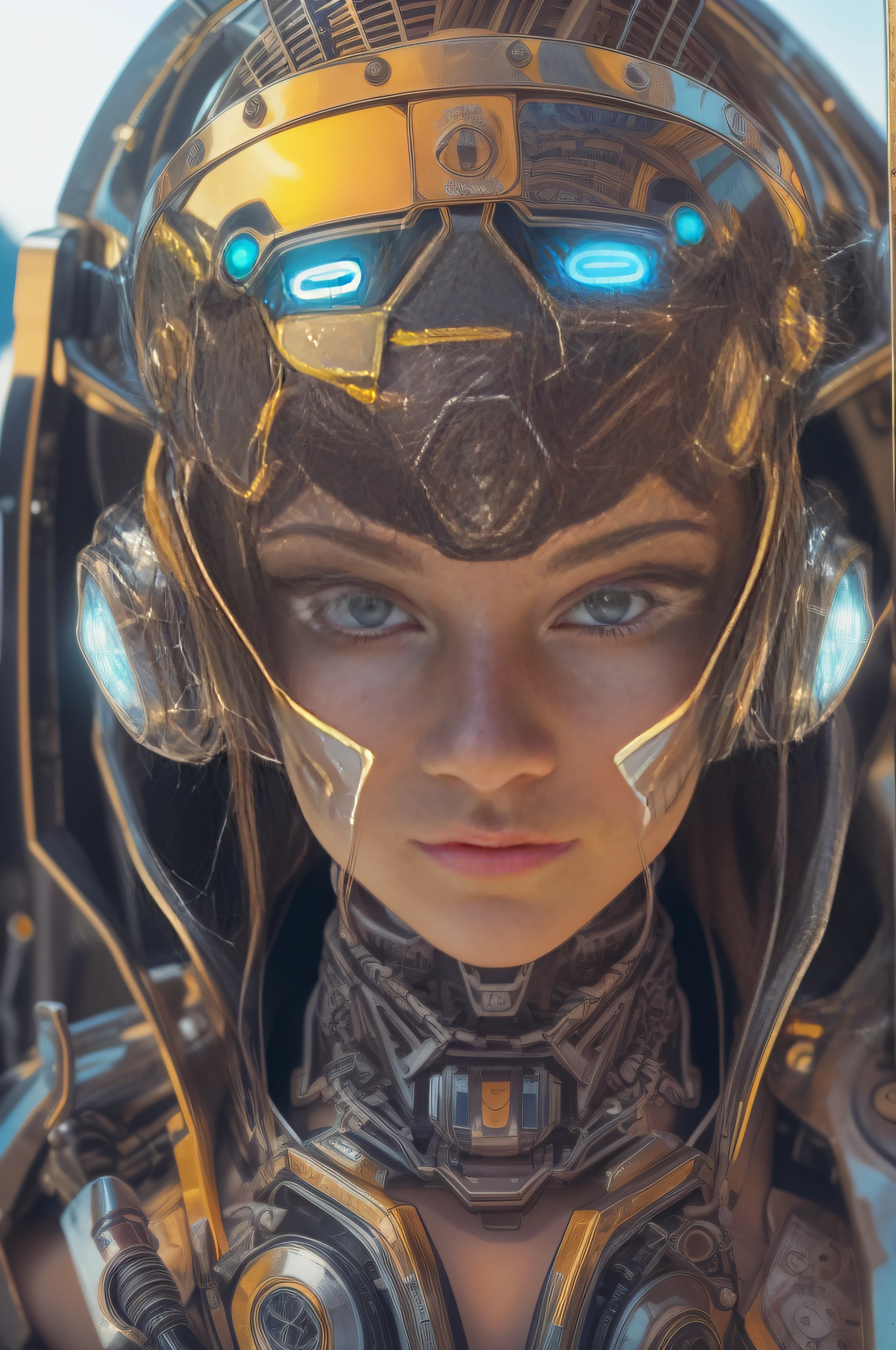 masterpiece, best quality, upper body, close-up of a fantastic looking cyborg girl in a fantastic cyber helmet with dreadlocks neon inserts with glass and metal, in glossy color with elegant details, HDR, ray tracing, rich details of light and shadow, outside, extremely detailed, random camera angle