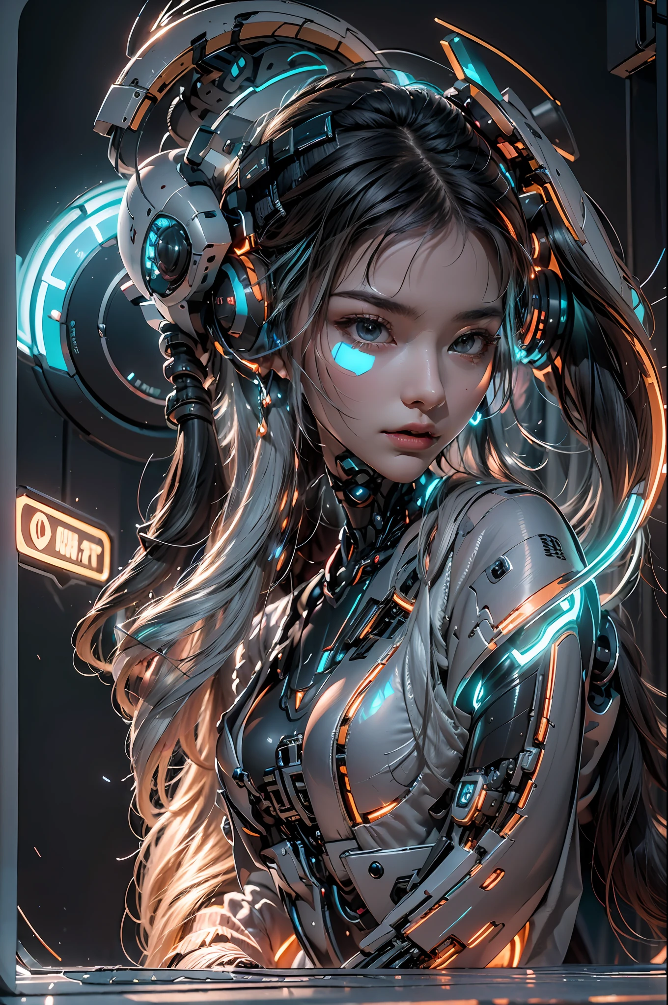 1girll，Perfect facial features，delicated face，(cyber punk perssonage:1.3)，Bring headphones，Illuminated helmet and headphones，glowing jewelry，Glowing earrings，Glowing necklace，inside in room，Electronic wire background，best qualtiy，tmasterpiece，Movie filter presets，movie level lighting，c4d渲染，rendering by octane，with light glowing，((Orange light))，(full bodyesbian:1.5)，slender leg，perfect foot，High chiaroscuro，(There is no light on the face :1.5)