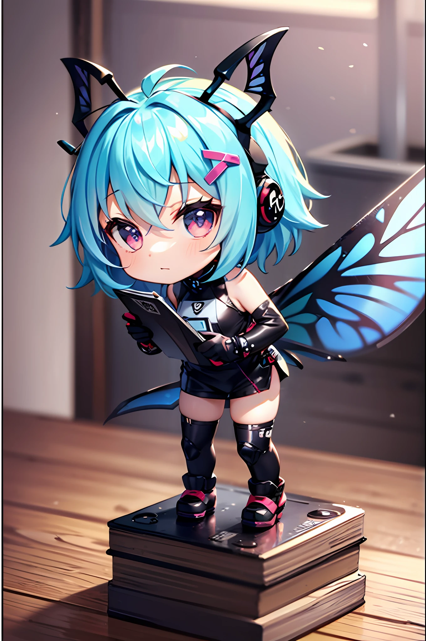 (Chibi: 1.3), strange face, full body, indoors, on the table, (bio punk), research facility, (A chibi character with insect antennae and wings), Nendoroid,