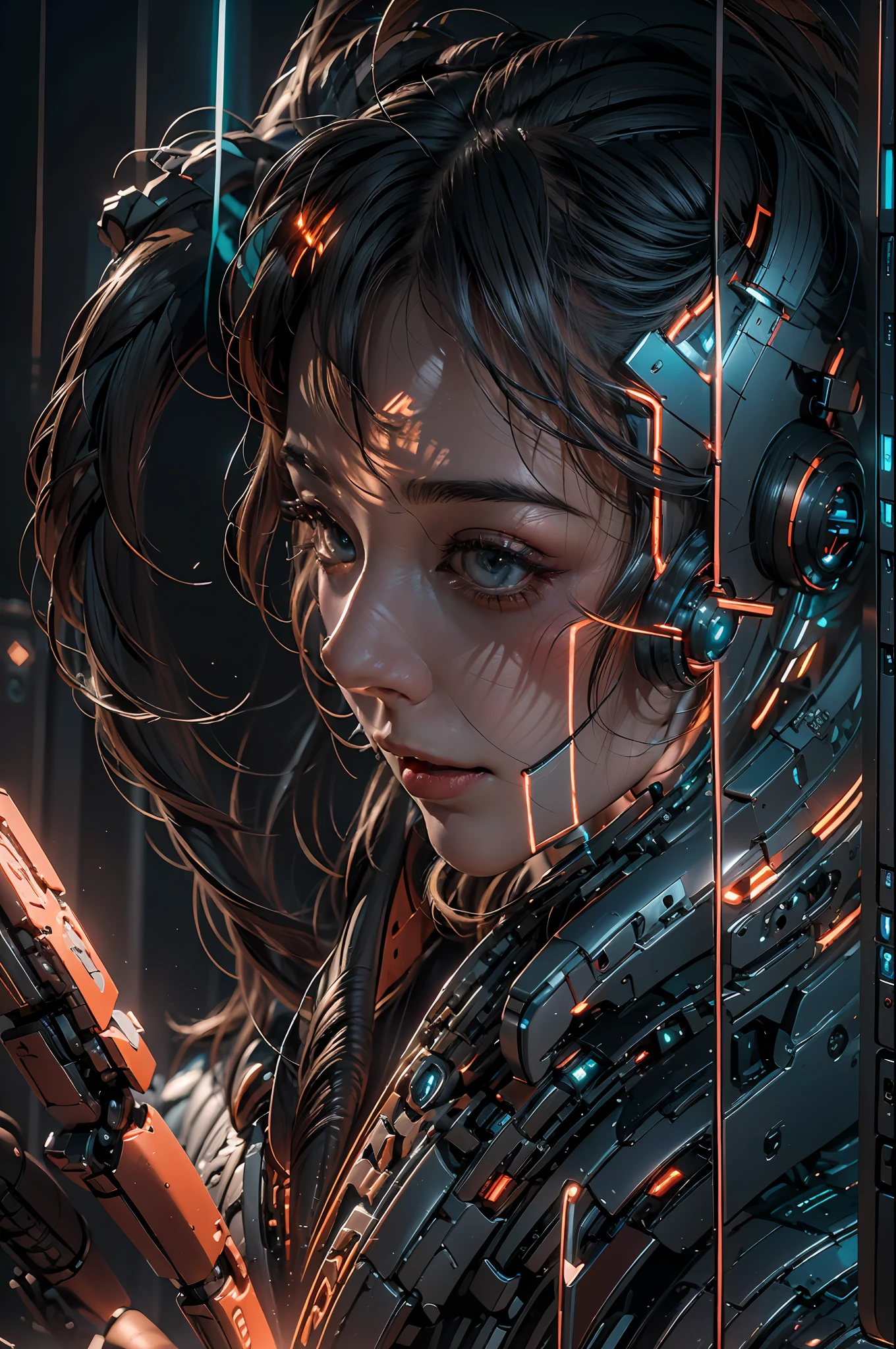 1girll,Perfect facial features,delicated face,(cyber punk perssonage:1.3),Bring headphones,Illuminated helmet and headphones,glowing jewelry,Glowing earrings,Glowing necklace,inside in room,Electronic wire background,best qualtiy,tmasterpiece,Movie filter presets,movie level lighting,c4d渲染,rendering by octane,with light glowing,((Orange light)),(full bodyesbian:1.5),slender leg,perfect foot,High chiaroscuro,(There is no light on the face :1.5)