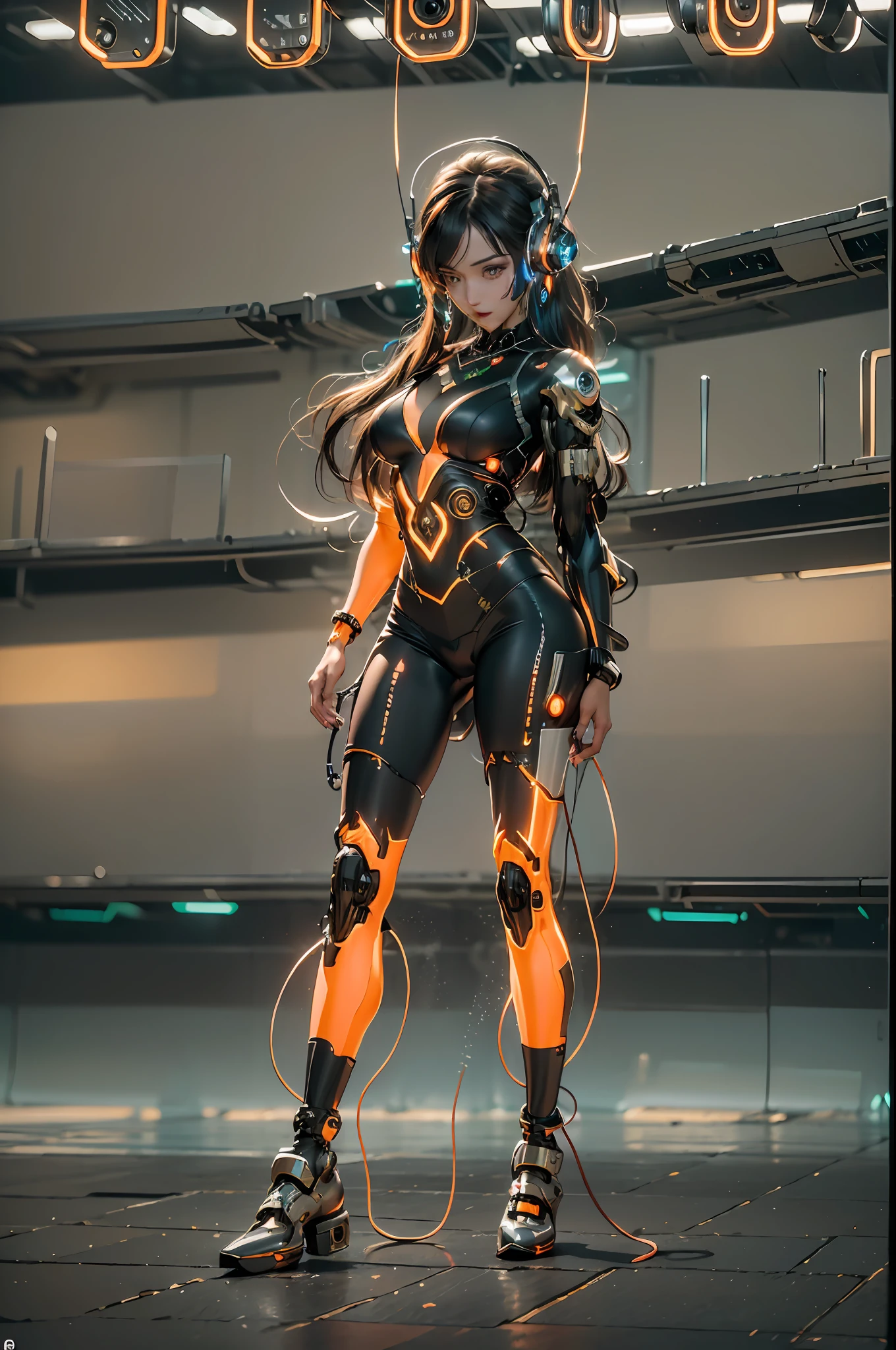 1girll,Perfect facial features,delicated face,(cyber punk perssonage:1.3),Bring headphones,Illuminated helmet and headphones,glowing jewelry,Glowing earrings,Glowing necklace,inside in room,Electronic wire background,best qualtiy,tmasterpiece,Movie filter presets,movie level lighting,c4d渲染,rendering by octane,with light glowing,((Orange light)),(full bodyesbian:1.5),slender leg,perfect foot,High chiaroscuro,(There is no light on the face :1.5)