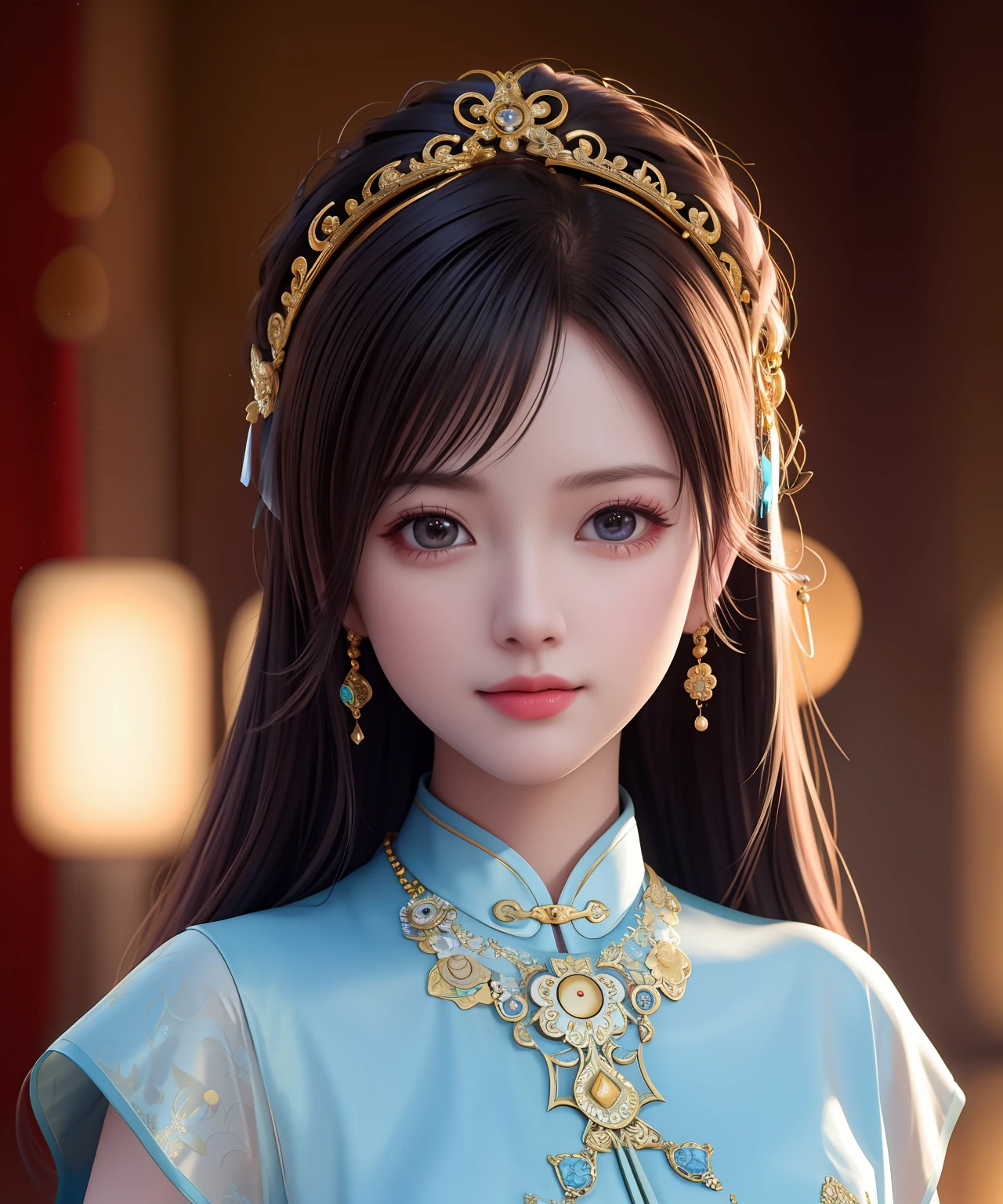 Best Quality, Masterpiece, Hi-Res, One Girl, Cheongsam, Headwear, Necklace, Jewelry, Beautiful Face, upon_body, Tyndall Effect, Photorealistic, Dark Studio, Rim Lighting, Two-Tone Lighting, (High Definition Skin: 1.2), 8k uhd, dslr, soft lighting, high quality, volumetric lighting, candid, photography, high resolution, 4k, 8k, bokeh,