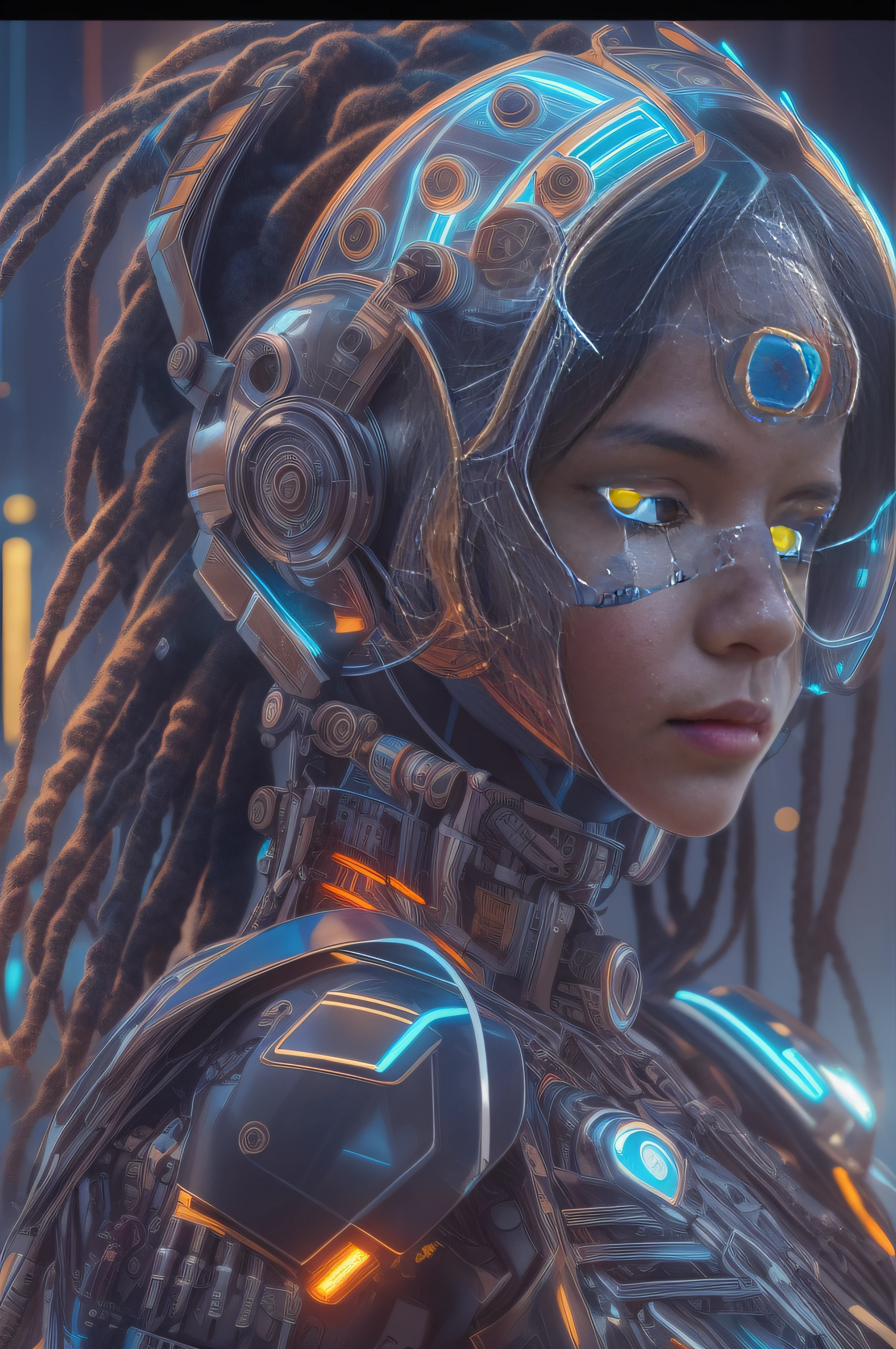 masterpiece, best quality, upper body, close-up of a fantastic looking cyborg girl in a fantastic cyber helmet with dreadlocks neon inserts with glass and metal, in glossy color with elegant details, HDR, ray tracing, rich details of light and shadow, outside, extremely detailed, random camera angle