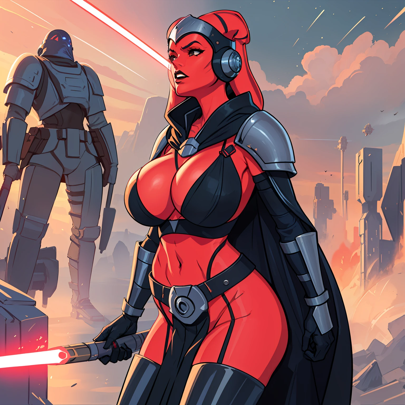 armor, busty, athletic, thin, gigantic boobs, ((red skin), twi'lek), dual red lightsabers, evil space knight, space ninja, (wearing black robes, black stealth armor, breastplate, tunic, tabard, cowl, cloak, body glove, straps, buckles, skirts, long sleeves, fantasy, ((armor))), ((busty), slender body, thin, slim sexy body, slim waist, long legs, toned legs, (((top heavy, gigantic breasts)))), Imperial starship, Star Wars, action scene, fighting