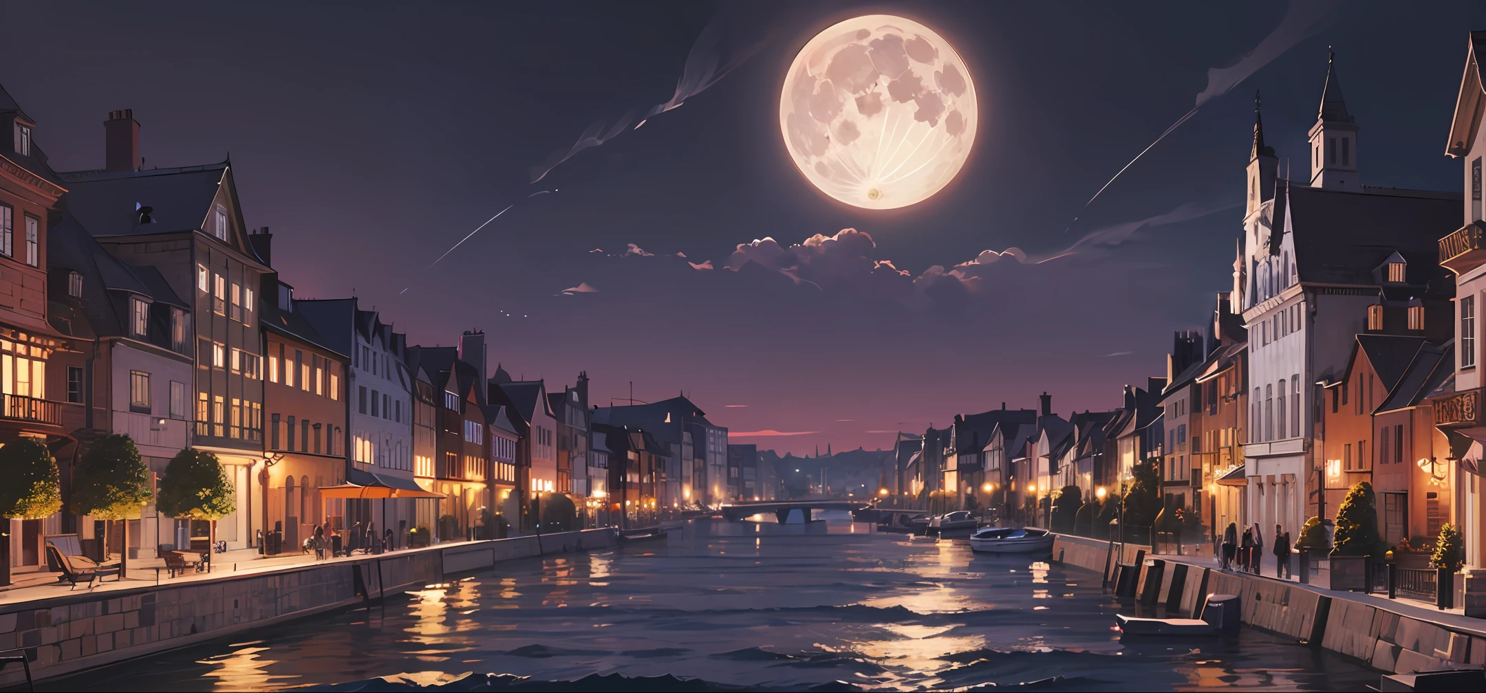 Medieval village, river, full moon, fine details, high resolution, incredible, beautiful, gorgeous, dramatic lighting, rule of thirds, perfect composition, trending on ArtStation, low angle --auto --s2