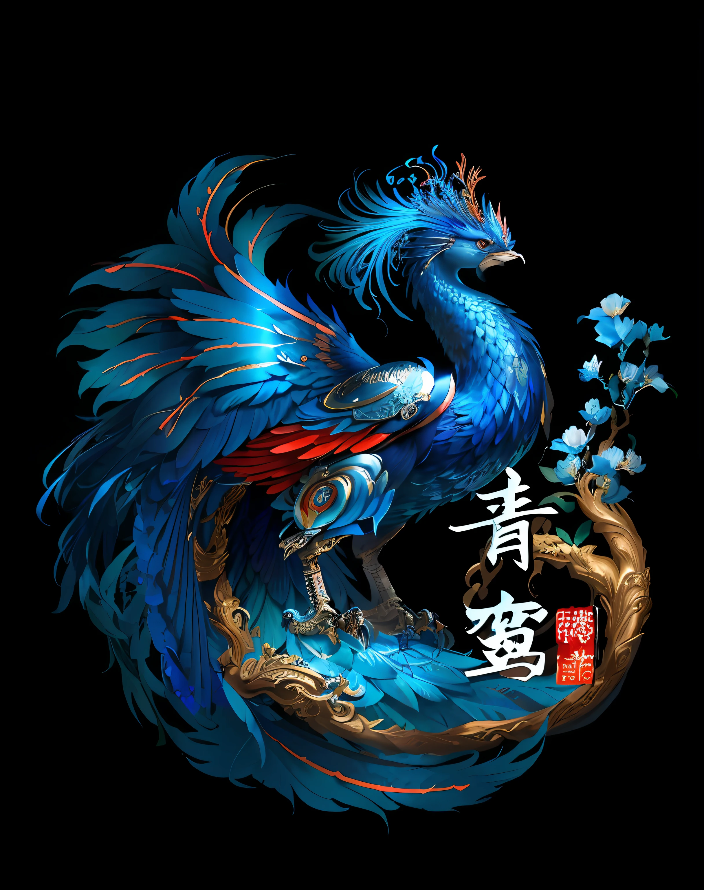Close-up of a blue bird,Red tail and a flower, blue phoenix bird, phoenix dragon, Chinese fantasy, author:Tan Yang Kano, Blue dragon, cyan chinese dragon fantasy, shui mo hua,Metallic Author:Kan Lee, jellyfish phoenix dragon, Dragon peacock. Intricate, author:Juda, A beautiful artwork illustration