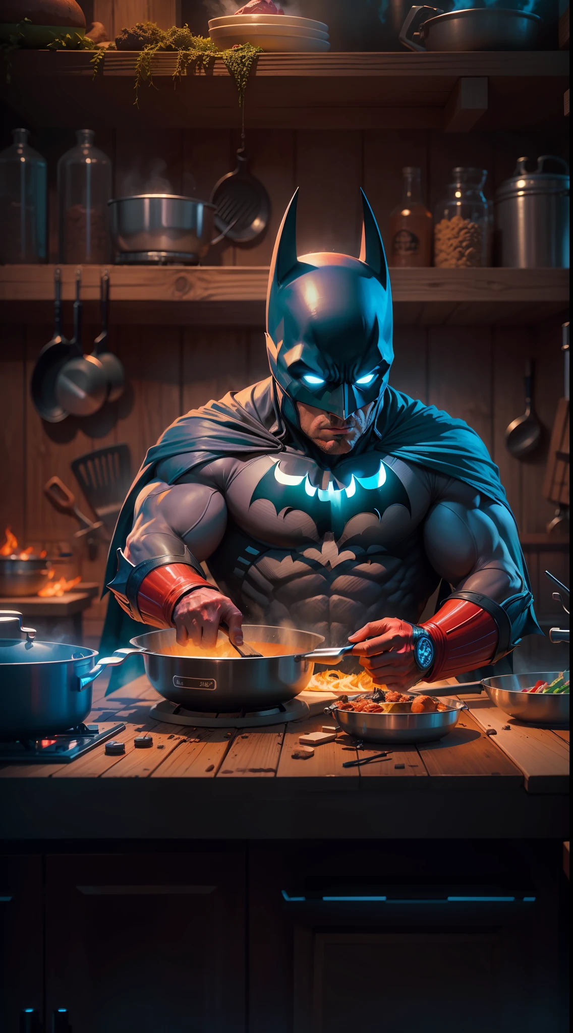 batman cooking in a wood kitchen, creative, neon colors, colorful, luminous, realistic, colorful, 8k, 4k, high resolution, viking style, mystical, universe style