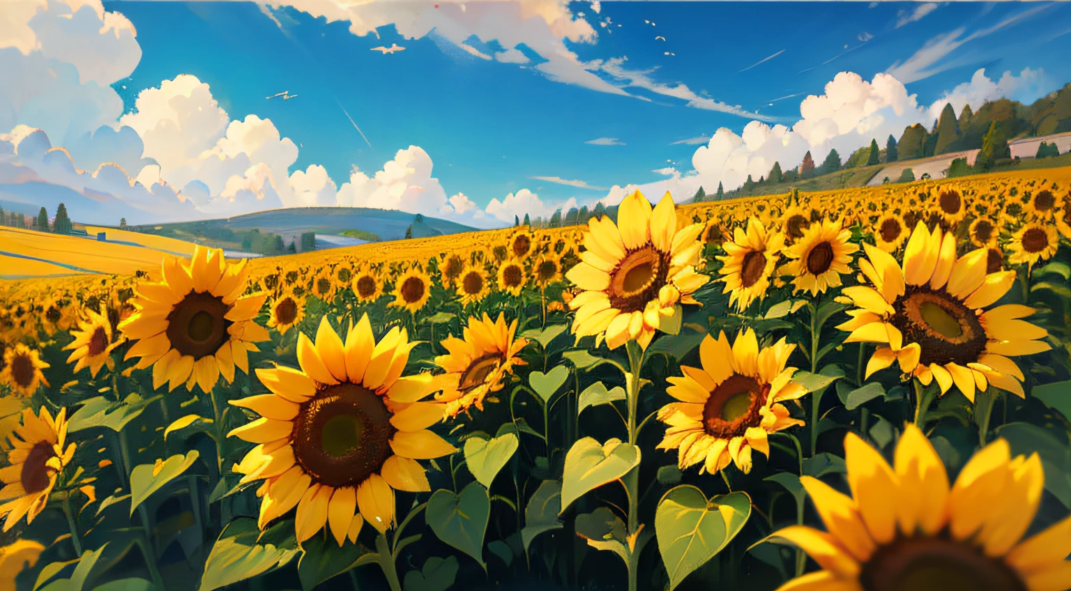 A golden wheat field,The orange straw sways gently with the breeze,Bees are busy collecting honey among the flowers,From the fields came the sound of chirping and cicadas,Sunlight pours through the gaps in the clouds,Blooming sunflowers shine brightly,The blue sky and white clouds are so fresh and pleasant,All the beauty put together,The result is a heart-warming idyllic painting