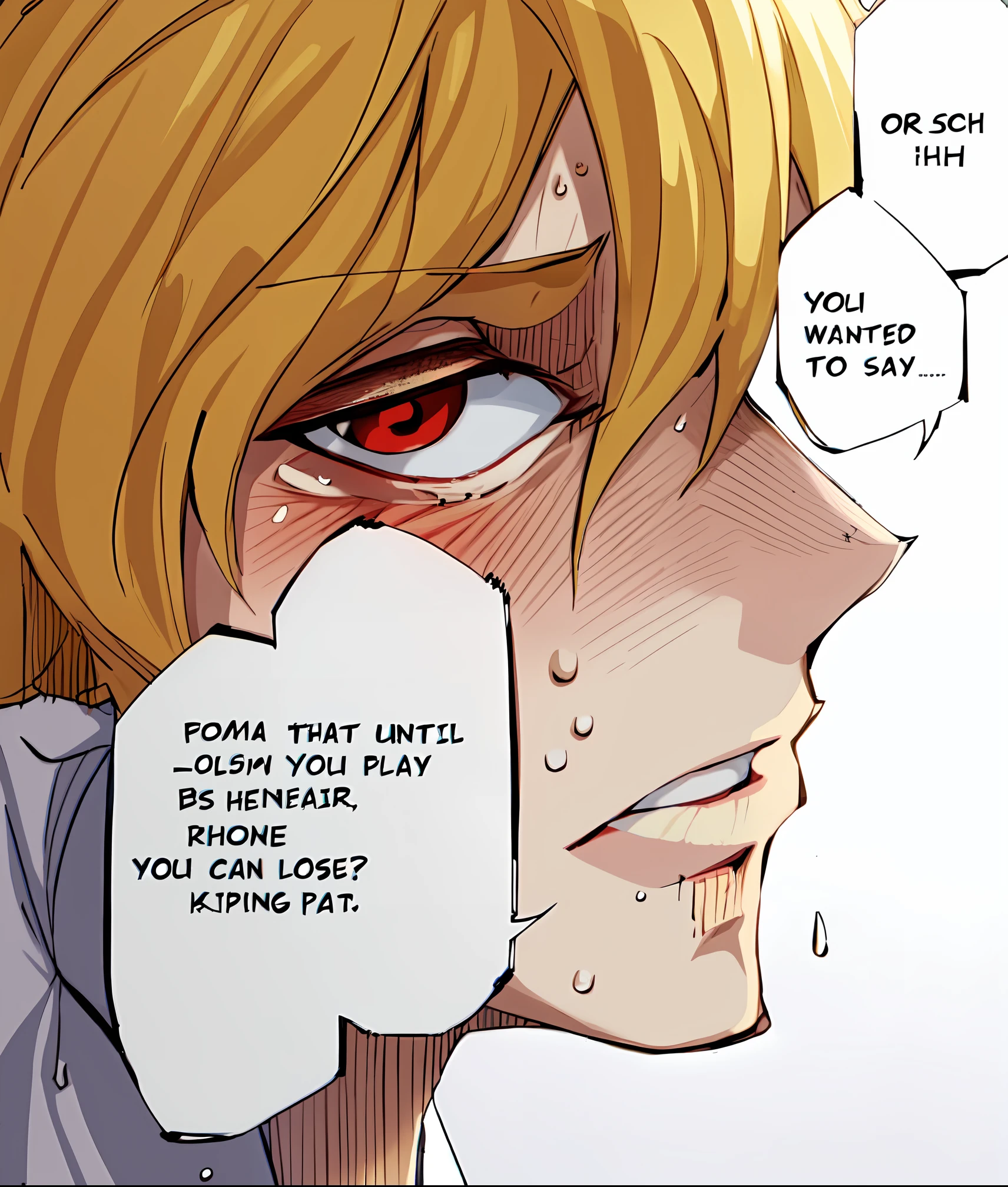 a anime of a man with blonde hair from side view, red eyes, looking at viewer, angry, mad, sweat, sweatdrop, open mouth, text bubble speech, shocked, sweat, sweatdrop, color manga, manga color, color manga, color manga panel, simple background, a white background