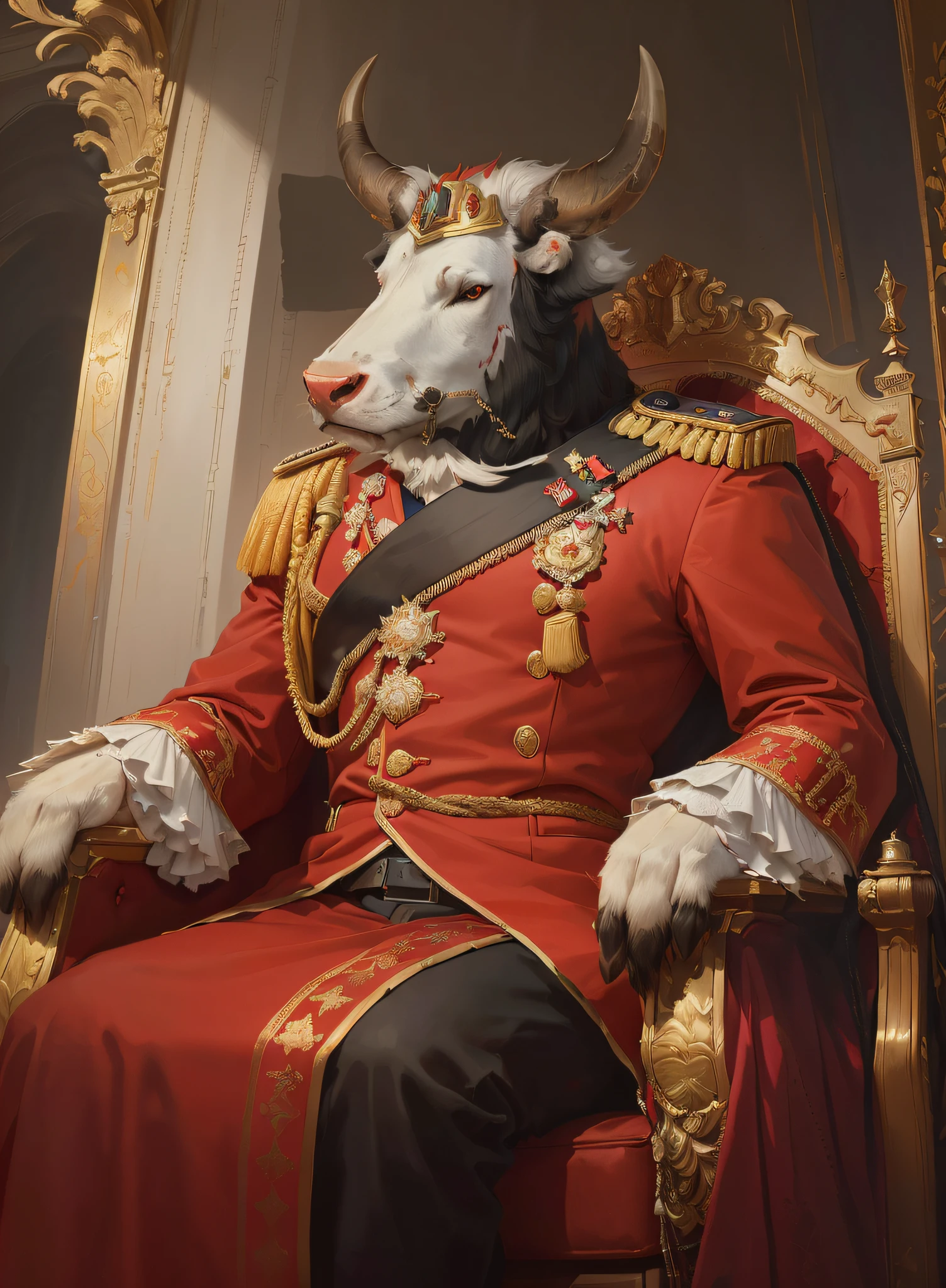 There was a bull in a red suit, 《overwatch》Winston, royal portrait, wojtek fus, imperial portrait, krenzcushart, portrait of a king, majesty in noble clothes, guweiz masterpiece, royal attire akira, portrait of a mad general, portrait of emperor of mankind, guillem h. pongiluppi