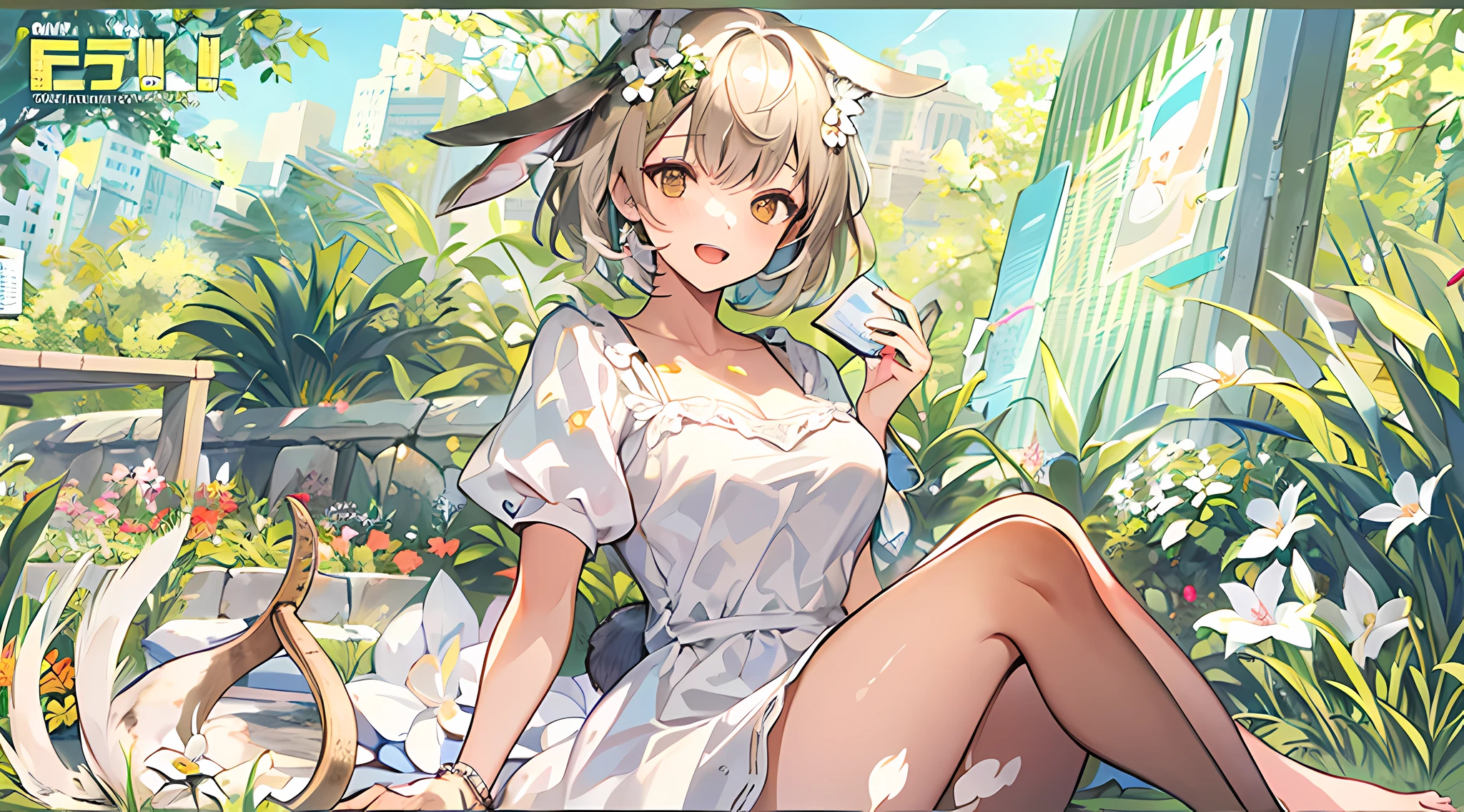 (masterpiece,best quality:1.5), 1girl, solo, solo focus, (animal ears, rabbit ears), barefoot, knees up, dress, sitting, short sleeves, looking at viewer, grass, short hair, smile, white hair, puffy sleeves, outdoors, puffy short sleeves, bangs, on ground, full body, animal, sunlight, brown eyes, dappled sunlight, day, depth of field, open mouth, (flower, hair flower), w, wariza, white dress,
(magazine:1.3), (cover-style:1.3), fashionable, woman, vibrant, outfit, posing, front, colorful, dynamic, background, elements, confident, expression, holding, statement, accessory, majestic, coiled, around, touch, scene, text, cover, bold, attention-grabbing, title, stylish, font, catchy, headline, larger, striking, modern, trendy, focus, fashion,