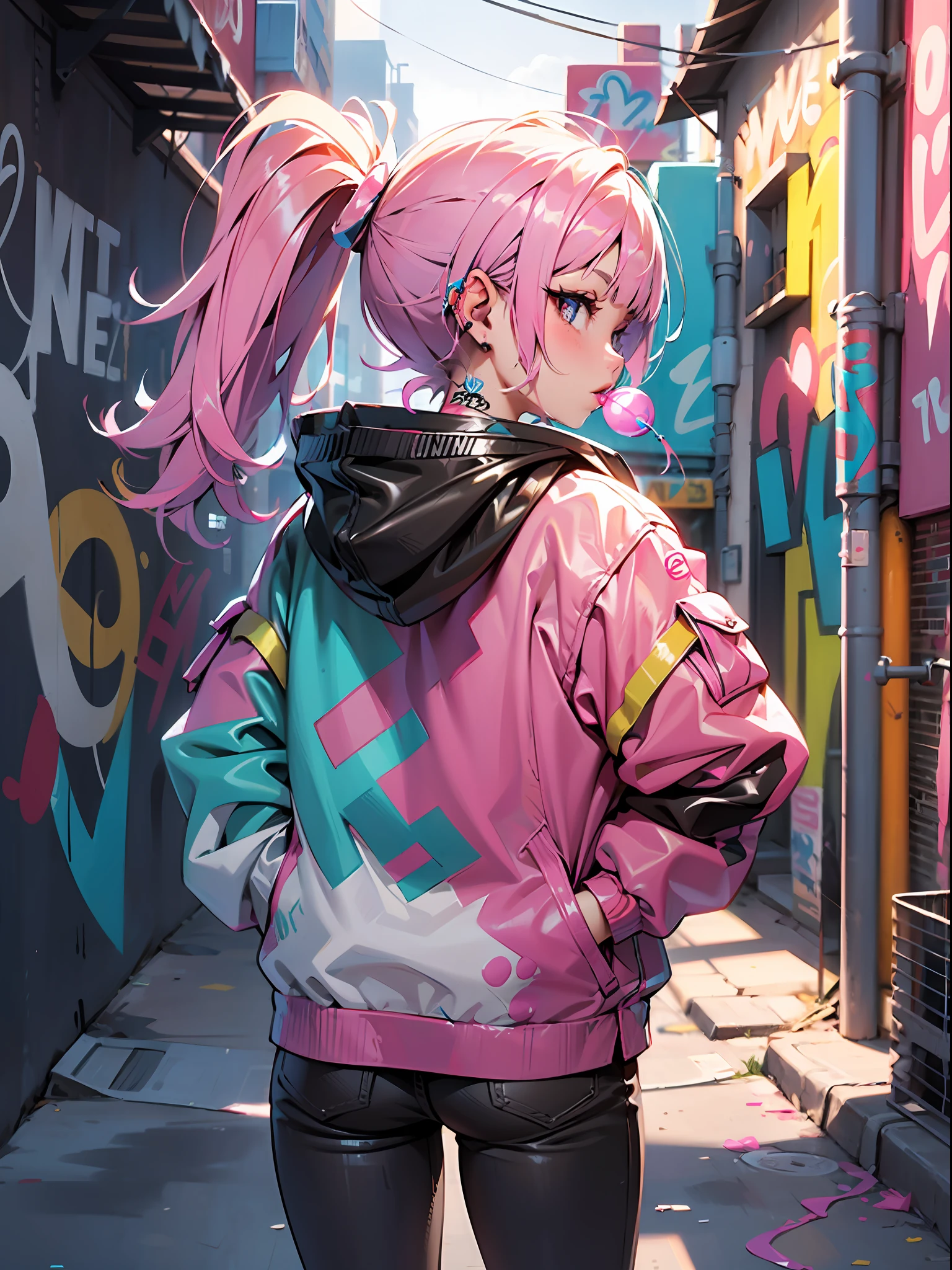 Back alley, graffiti artist spray painting wall, paint splatters, a girl, blowing bubble gum, street graffiti, high detail, 4K,masterpiece