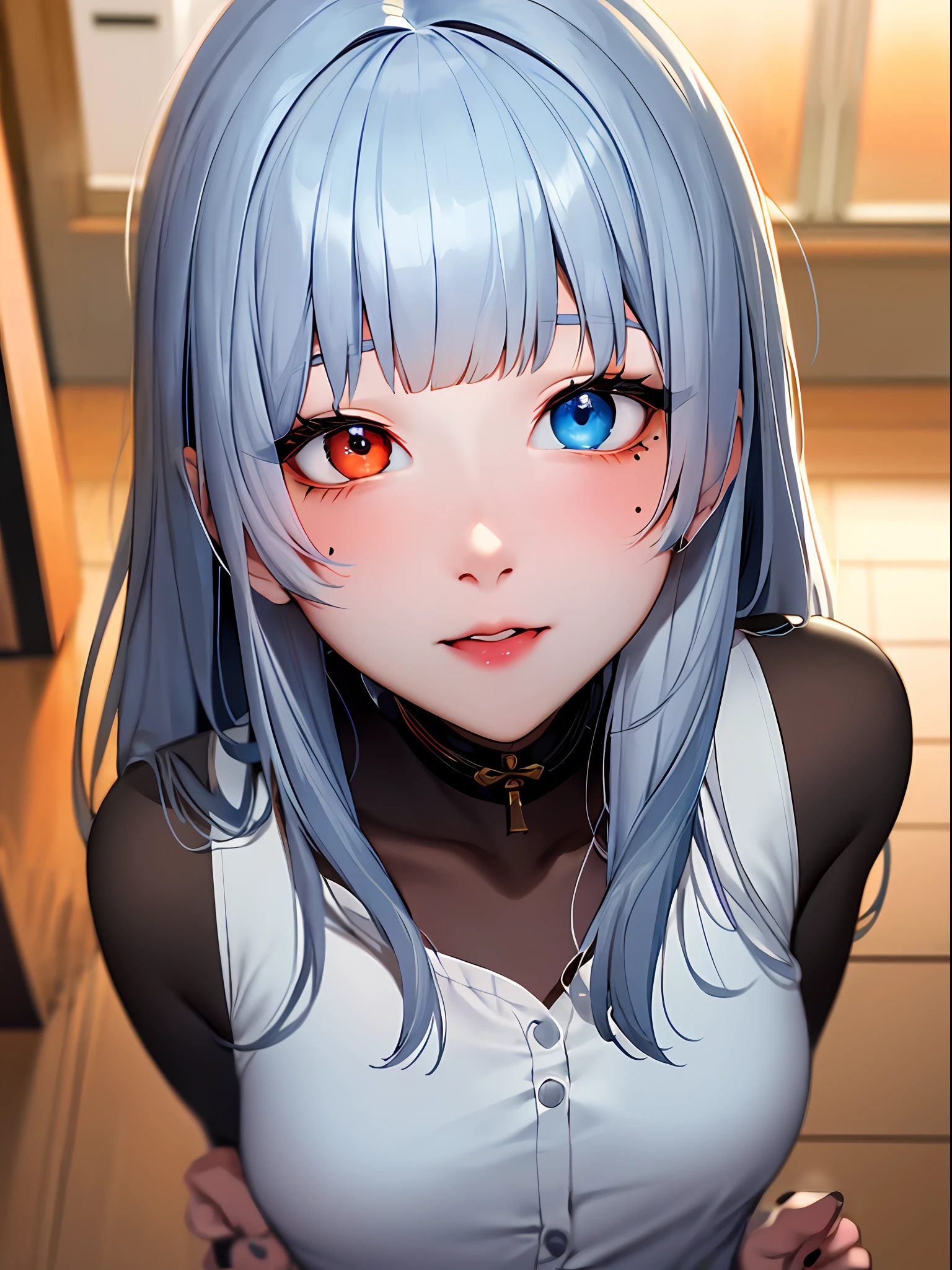 Photorealsitic, hight resolution, 1 rapariga, Korea person, Heterochromia eyes, small moles under eyes,1girl in,Solo,Cross-eyed、Drunken eyes、ahegao silly / Sexual ecstasy)、女の子1人、White shirt、a matural female、Blunt bangs、realisticlying、top-quality、adopt、A detailed face、s Office、diffuse sunlight、depth of fields、Bokeh