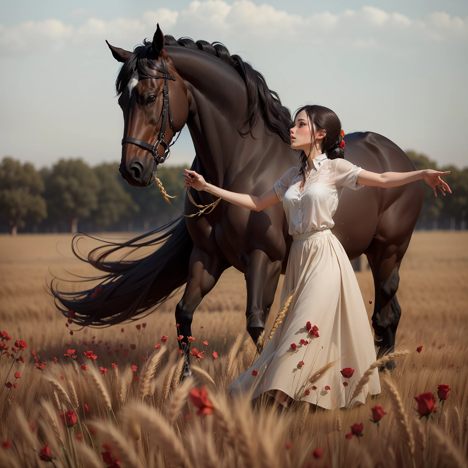 A standing horse. A woman dancing in a field of wheat with small red and yellow roses --auto