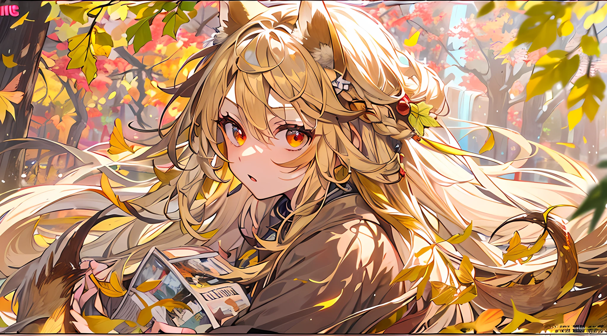 englai Fairyland,Chinese mythology,Colorful auspicious clouds,
autumn, autumn_leaves, falling_leaves, holding_leaf, leaf, leaf_background, leaf_hair_ornament, maple_leaf, aki_shizuha, leaf_print, starfish, anger_vein, ginkgo_leaf, leaf_on_head, spoken_anger_vein, tree, waterfall, sweet_potato, dragonfly, acorn, solo, braid, blurry_foreground, 1girl, day, painting, depth_of_field, blurry, long_hair, branch, hair_ornament, leaves_in_wind, forest, outdoors, nature, campfire, shirt, looking_at_viewer, onsen, koi, sitting, masterpiece, best quality, (best quality), ((masterpiece)), (highres), original, extremely detailed 8K wallpaper, (an extremely delicate and beautiful),((detailed face)),beautiful detail eyes,hair fluttering in the wind,messy hair,lens flare,
1girl,full body,(golden eye),(red eye),(wolf ear),(yellow hair),(wolf tail),(wolf ears),(a cute young girl:1.1),(wolf ear),beautiful detailed eyes,orange hair, very long hair,small breasts,(looking at viewer),
(magazine:1.3), (cover-style:1.3), fashionable, woman, vibrant, outfit, posing, front, colorful, dynamic, background, elements, confident, expression, holding, statement, accessory, majestic, coiled, around, touch, scene, text, cover, bold, attention-grabbing, title, stylish, font, catchy, headline, larger, striking, modern, trendy, focus, fashion,