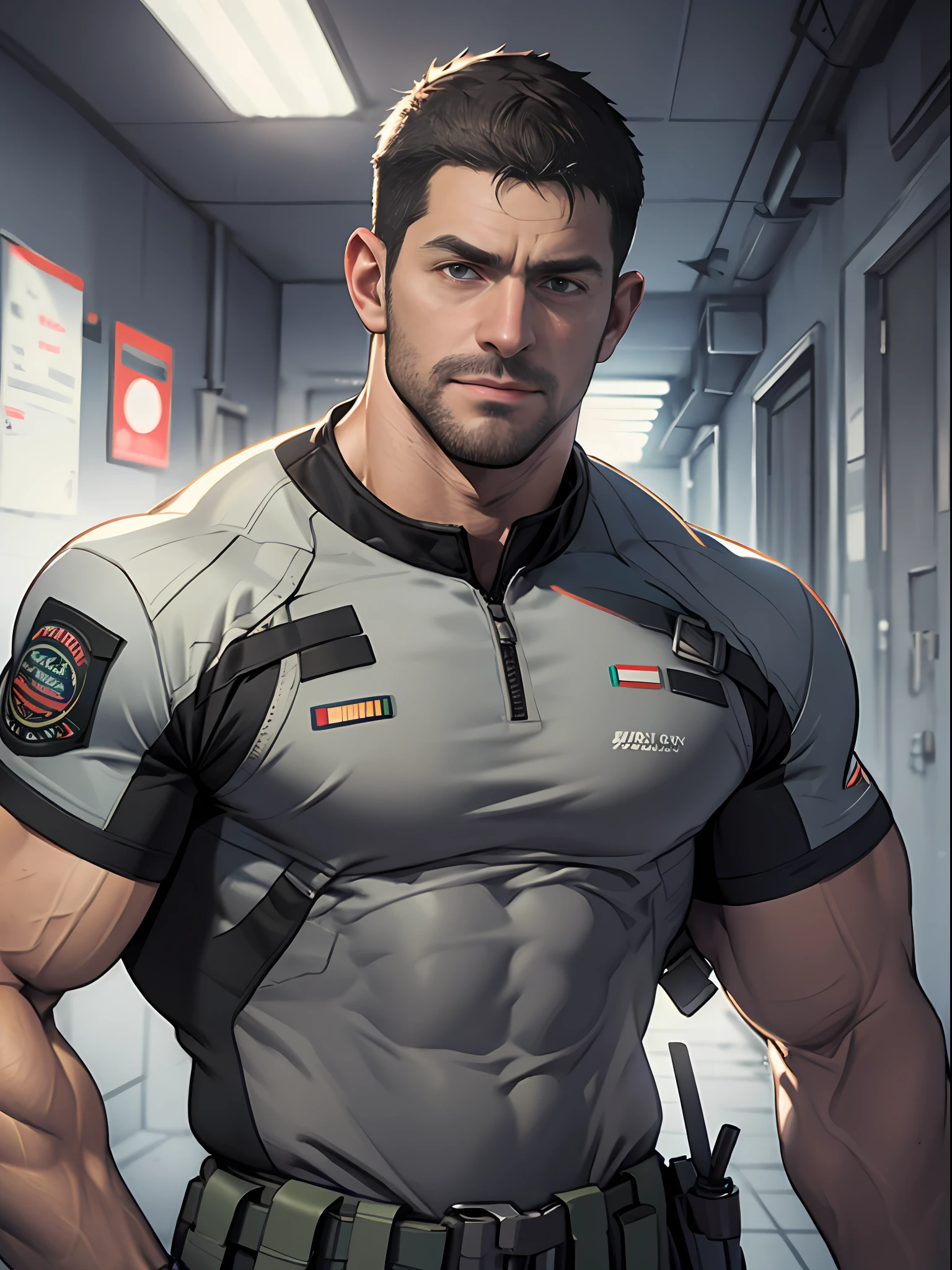 1 man, solo, 35 year old, Chris Redfield, wearing grey T shirt, smirks, black color on the shoulder and a bsaa logo on the shoulder, millitary tactical suit, tall and hunk, biceps, abs, chest, best quality, masterpiece, high resolution:1.2, upper body shot, dark black gloomy hallway in the background, detailed face, shadow, volumetric lighting, upper body shot, low camera angle