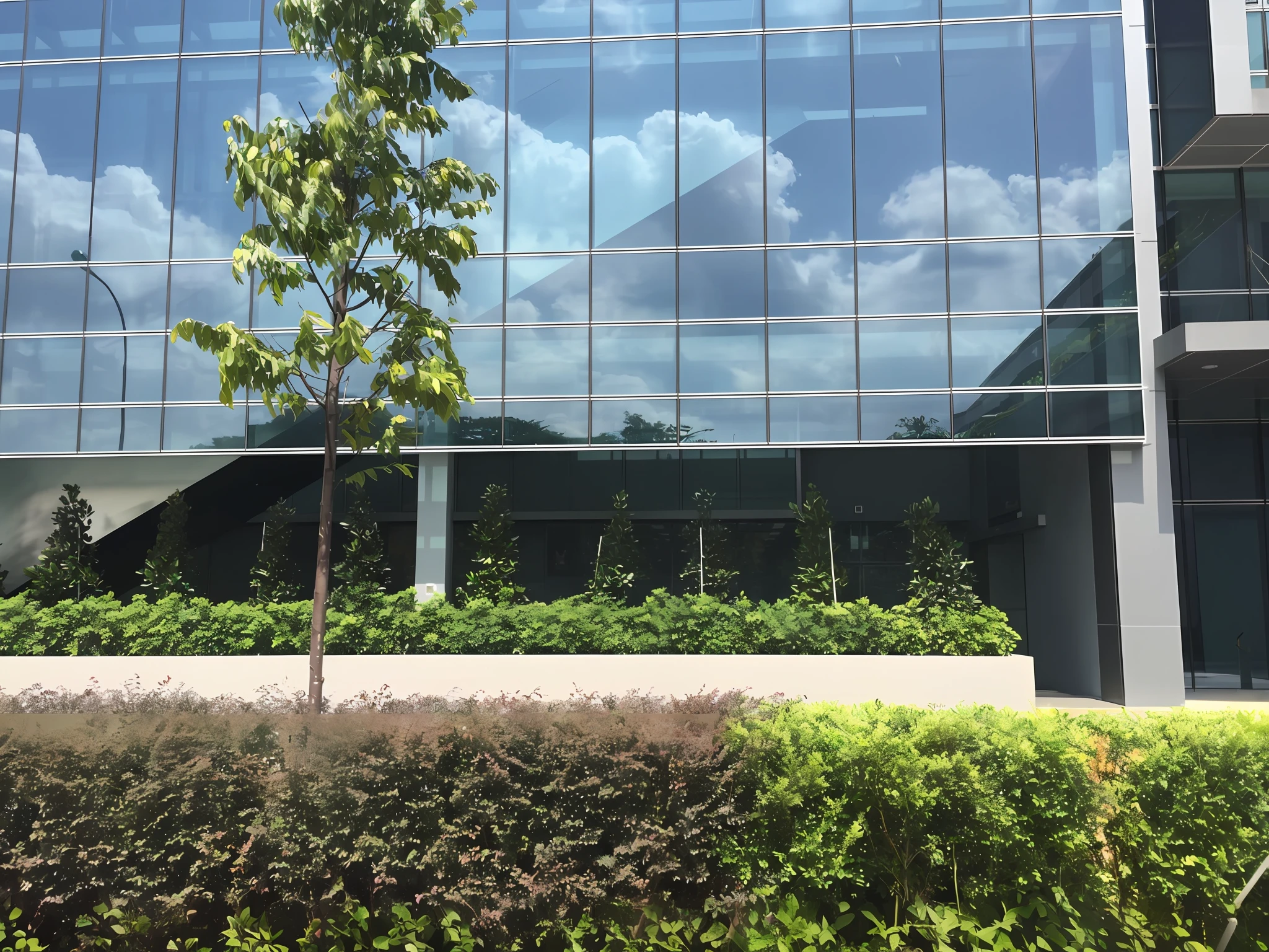 arafed view of a building with a tree and bushes in front of it, building cover with plant, vibrant greenery outside, skyscrapers with greenery, large plants in the background, empty buildings with vegetation, nature growing around the city, trees and plants, trees outside, office building, greenery growing, tree and plants, plants and trees, from street level