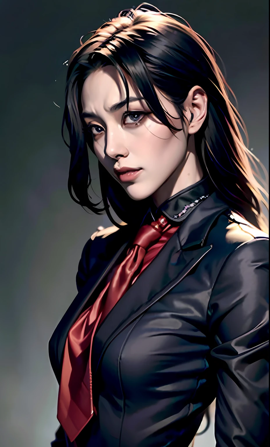 Close-up of a girl in a suit and tie, androgynous vampire, junji ito 4 k, with long dark hair, ito junji art, style of junji ito, Dark Costume, portrait of sadako of the ring, Beautiful androgynous princess, Gentle androgynous princess, with her long black hair, girl in suit, (Lovely Medium Breasts), perfect anatomy, (Gloomy color scheme:1.5), (skinny body)