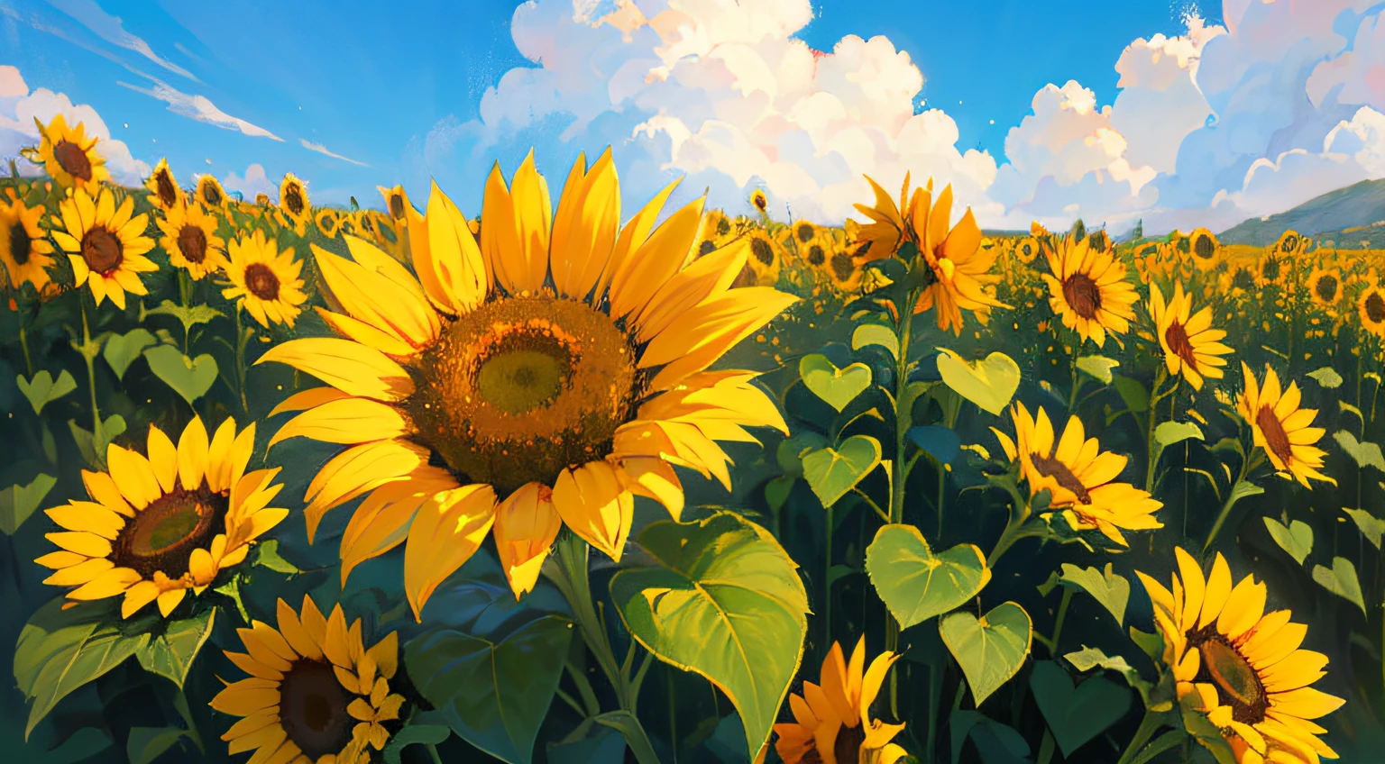 A golden wheat field，The orange straw sways gently with the breeze，Bees are busy collecting honey among the flowers，From the fields came the sound of chirping and cicadas，Sunlight pours through the gaps in the clouds，Blooming sunflowers shine brightly，The blue sky and white clouds are so fresh and pleasant，All the beauty put together，The result is a heart-warming idyllic painting