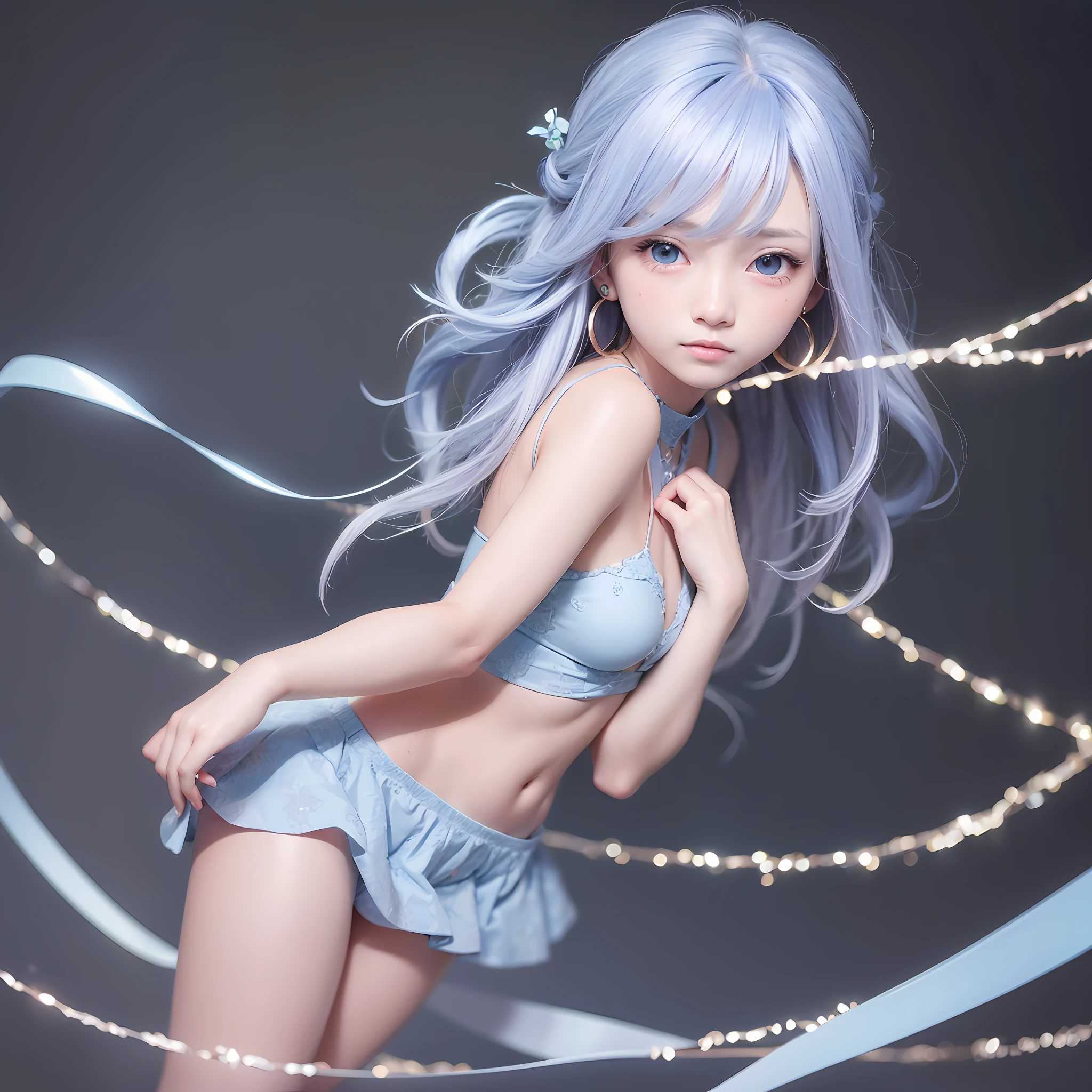 pale-blue,Curly hair,二重まぶた,Straight nose,B-chest,鎖骨,Round earrings,Dark background,Realistic reality,超高分辨率,1;1 --auto