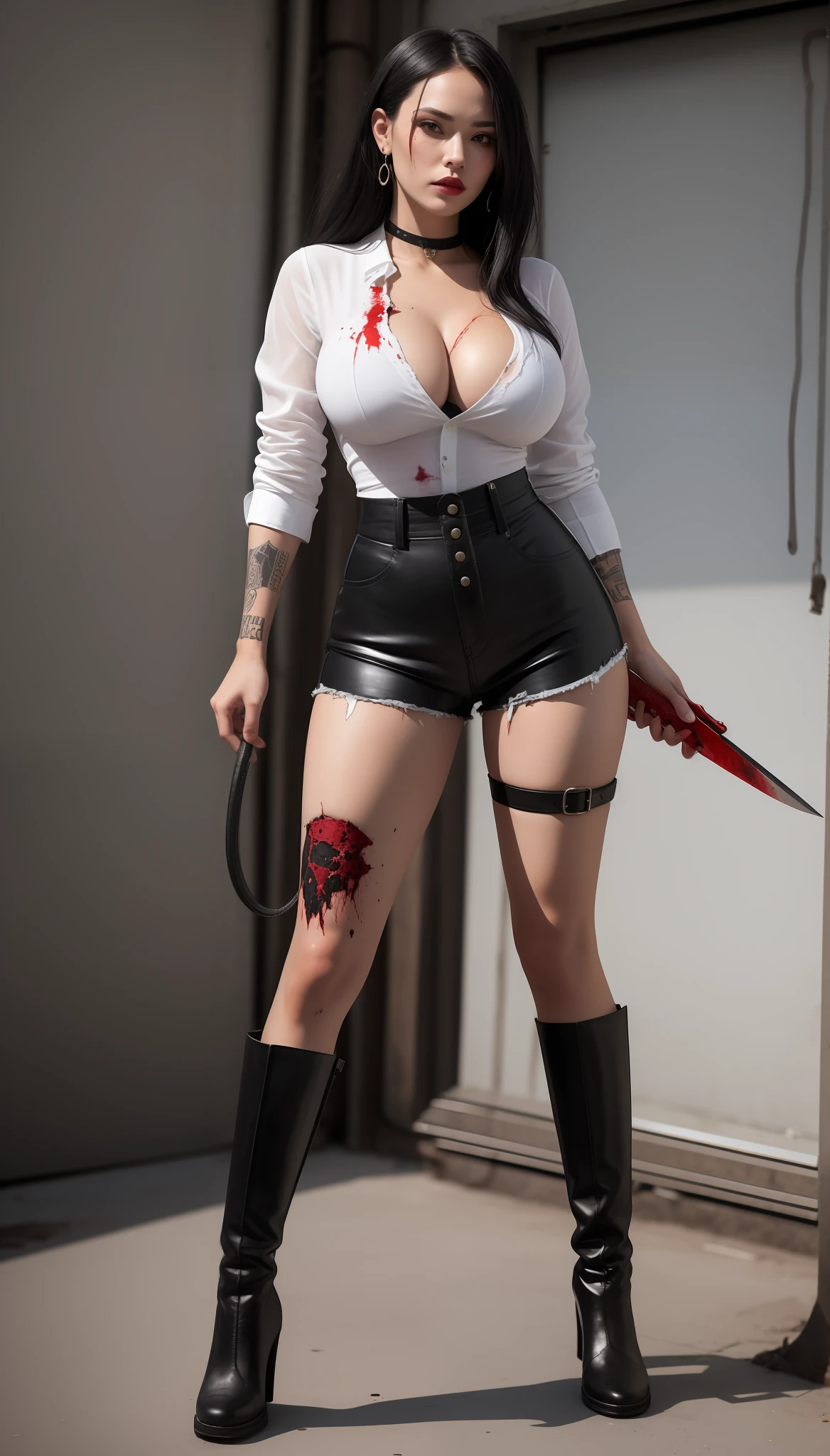 There was a woman in uniform and boots holding a leather whip,looks into camera, very sexy outfit, Sexy outfit, Outfit: puff, Cyberpunk costumes, intriguing outfit, fantasyoutfit, mechanic punk outfit, cyberpunk style outfit, gothic clothing, full body with costume, dressed in punk clothing, wearing a full leather outfit, white blouse and gothic boots,a plump buttocks,huge tit,deep v big breasts,v neck,cleavage!Clear torn shirt,blacksilk,Tattered and torn shorts!with long coiled hair,The thigh strap tightens the thigh flesh,Blood stained his clothes and legs!There are wounds,with tattoos!There are knife wounds on the body , The top was stained with blood,Blood splattered on his body!Scratch the top,Broken shorts,Tattered clothes and pants,There were wounds and blood all over the body,Murderous woman