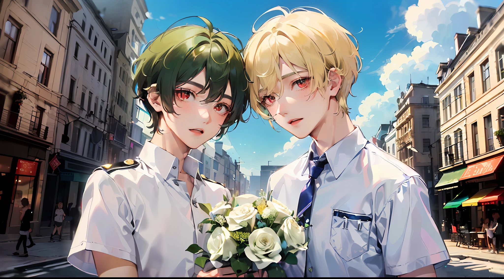Master masterpiece、best qualtiy、in 8K、(17 year old gay couple:1.5)、(blond spiked hair and red eyes:1.2),(Cute face with green short hair and big eyes:1.2)、(Have a bouquet:1.4)、、White shirt with short sleeves、Beautiful sky background