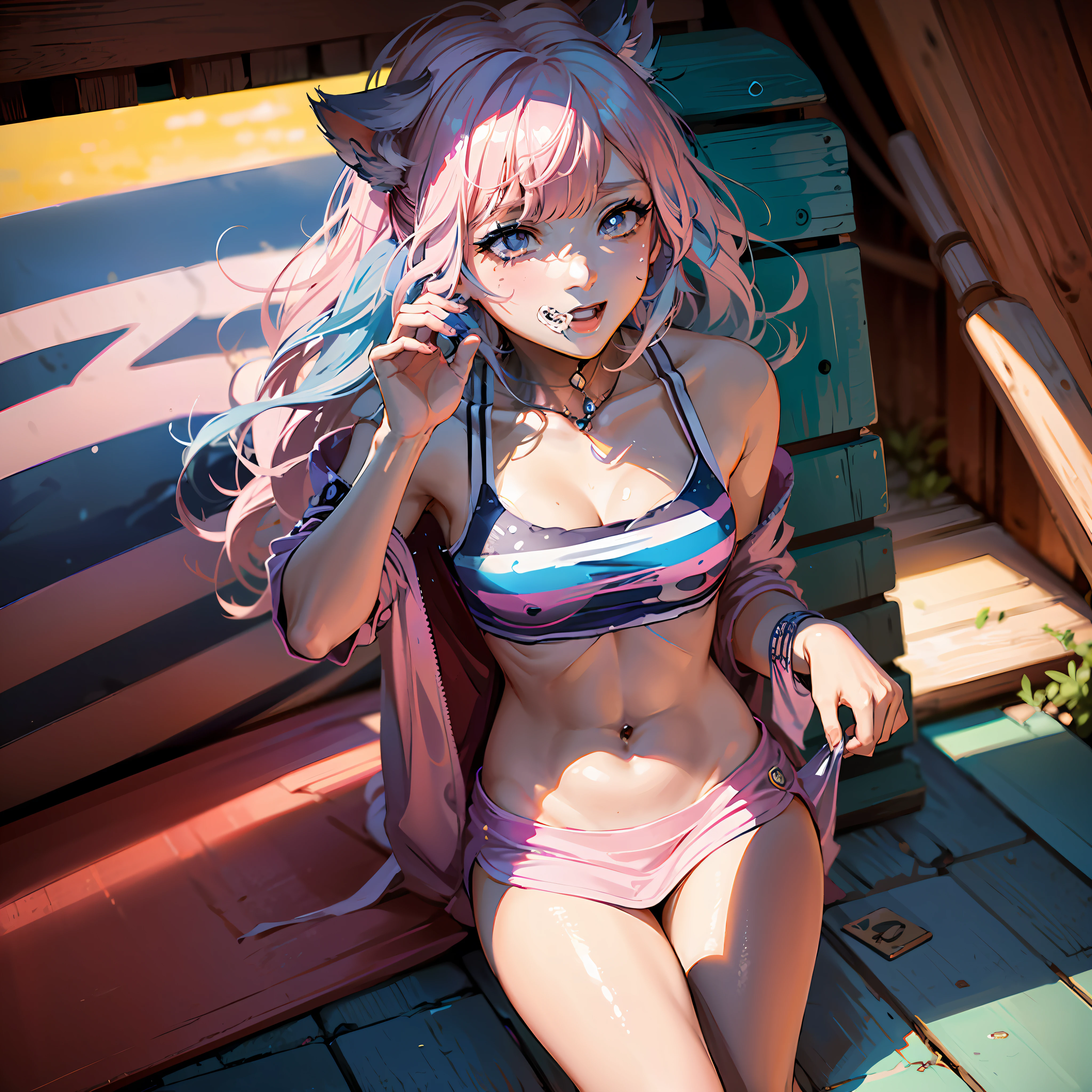 There is a woman with pink hair and cat ears sitting on a bench, Anime girl cosplay, Attractive cat girl, beautiful young catgirl, Anime cosplay, Anime girl in real life, anime catgirl, Very beautiful anime cat girl, cosplay foto, neko, Cat girl, Shot on Canon EOS R 6, very beautiful cute catgirl, cosplay, beautiful anime catgirl