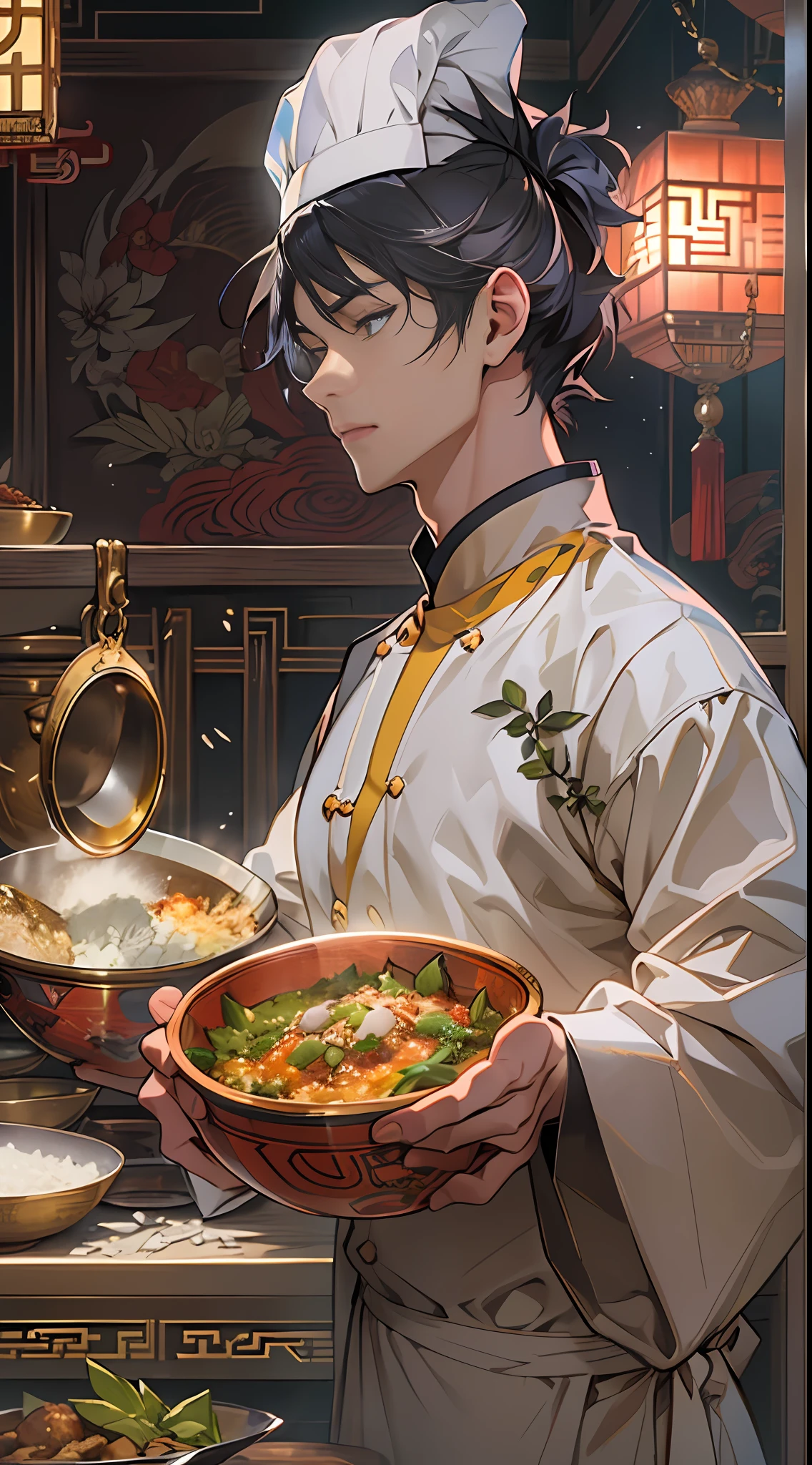 A Chinese man dressed as a chef holds a bowl of rice,A style with anime aesthetics,Gold and amber,streetview,Fairy tale scholar,Luminous quality,intense close-ups,Meticulous,32K,best qualtiy,tmasterpiece,Hyper-detailing,high detal