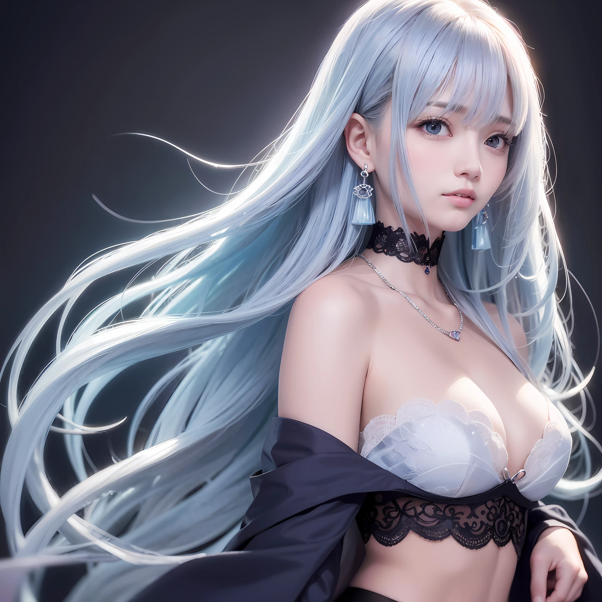 pale-blue,Curly hair,二重まぶた,Straight nose,B-chest,鎖骨,Round earrings,Dark background,Realistic reality,超高分辨率,1;1 --auto
